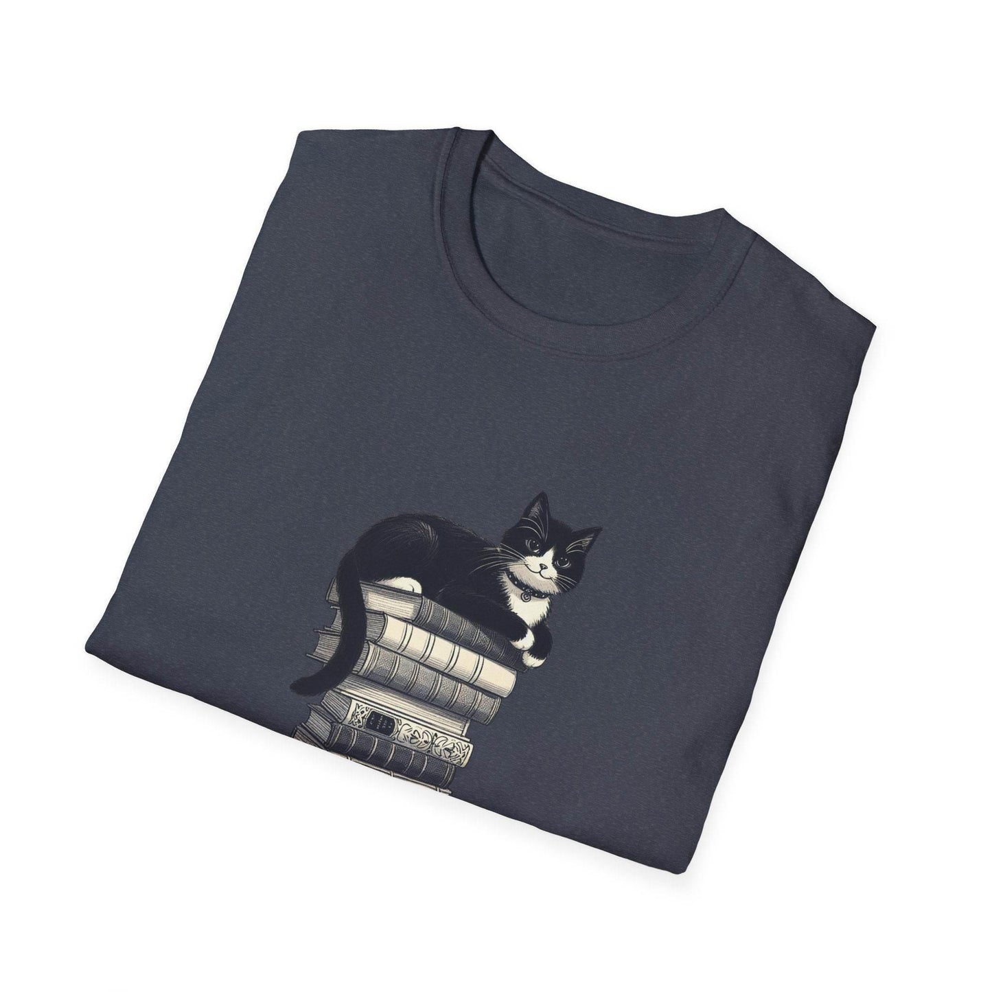 Unisex Softstyle T-Shirt - Vintage Cat Book Stack Bookworm - The Dreamer's Bookshop.