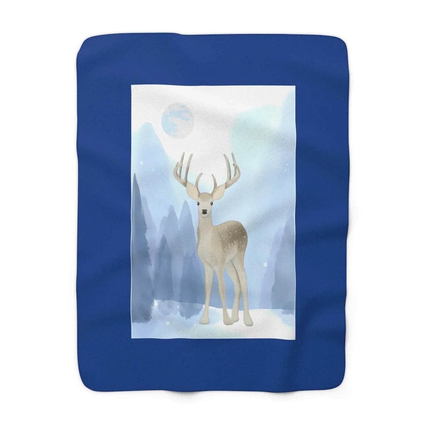Cozy Sherpa Fleece Blanket - Blue 'Winter Deer' Design - The Dreamer's Bookshop.