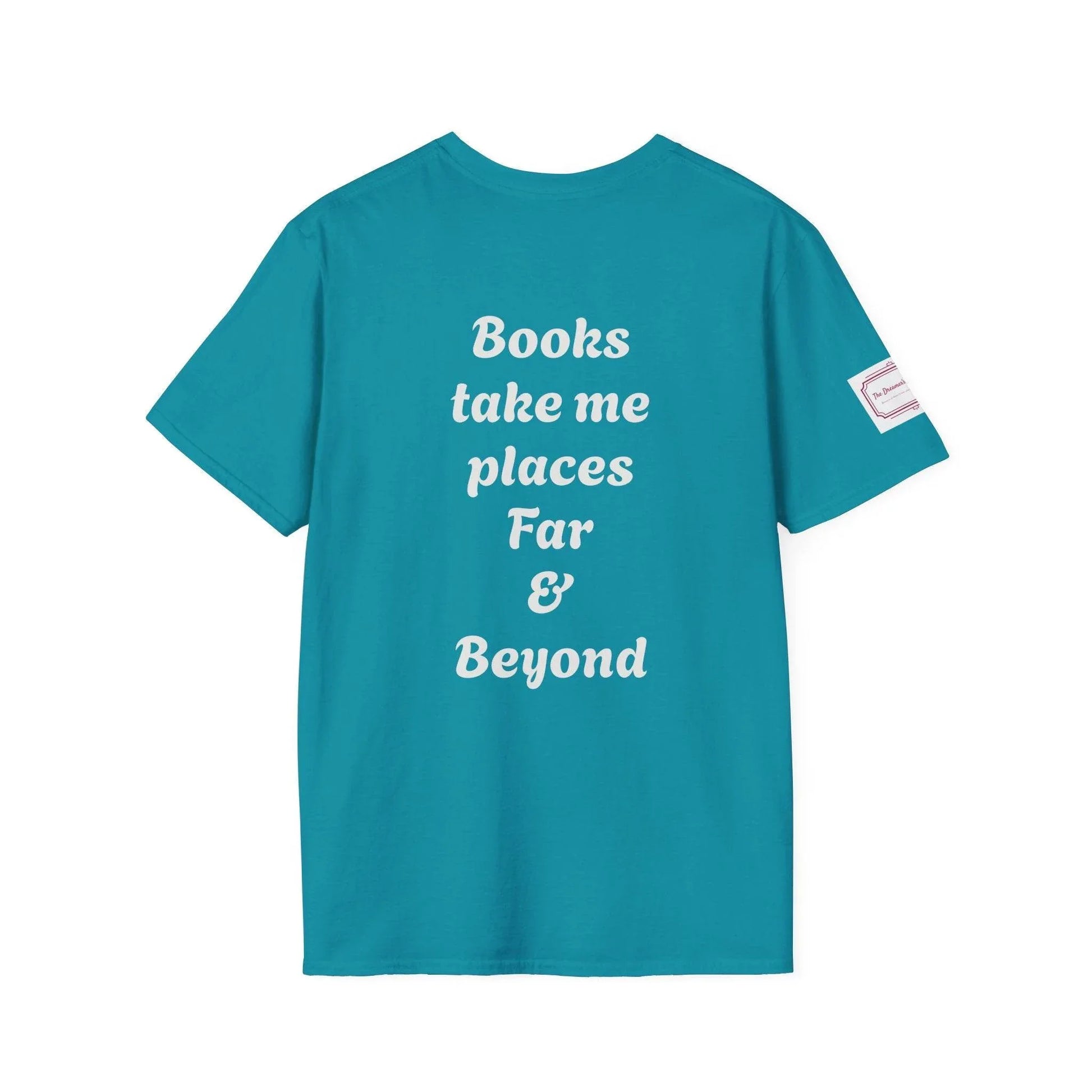 Unisex Softstyle T-Shirt - Traveller of Worlds Design for Book Lovers - The Dreamer's Bookshop.