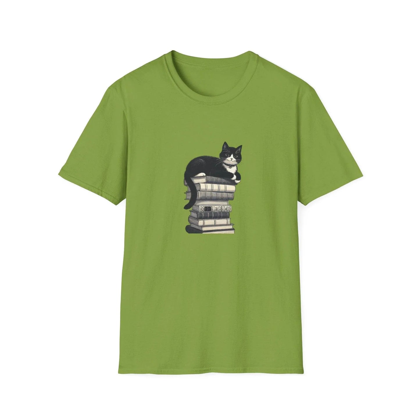 Unisex Softstyle T-Shirt - Vintage Cat Book Stack Booklover - The Dreamer's Bookshop.
