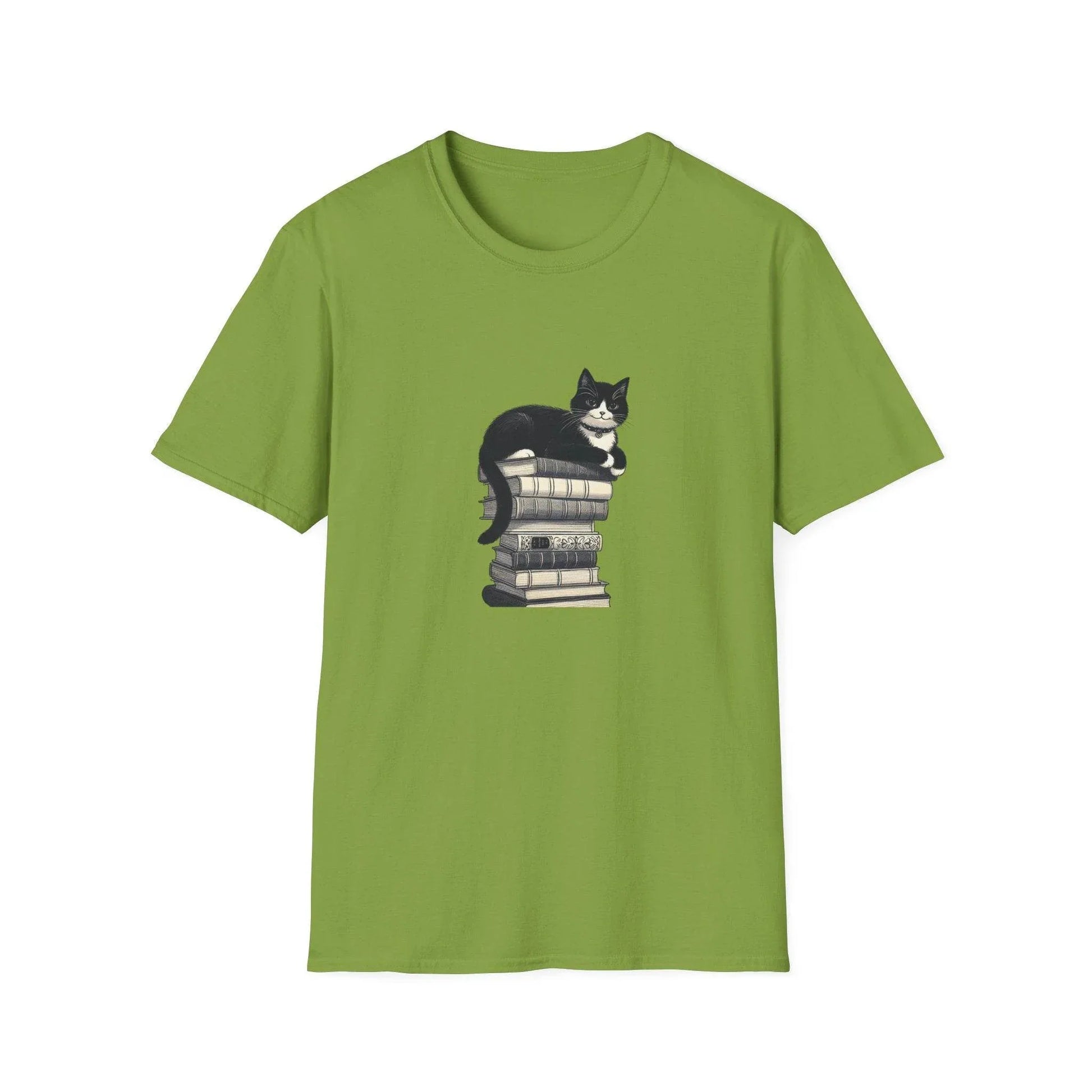 Unisex Softstyle T-Shirt - Vintage Cat Book Stack Booklover - The Dreamer's Bookshop.