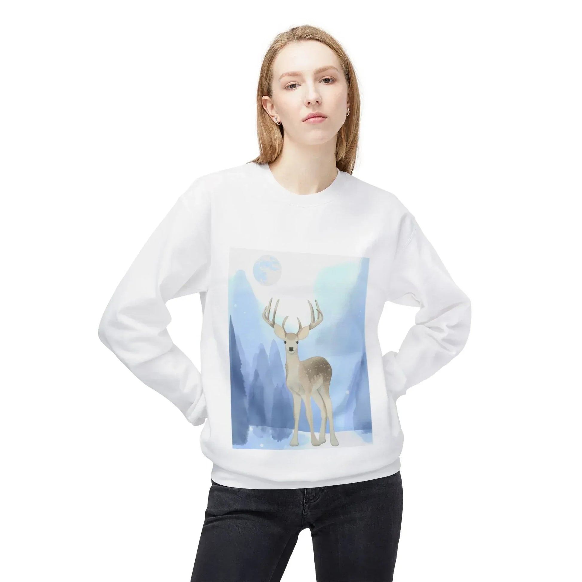 Winter Deer - Unisex Fleece Crewneck Sweatshirt - The Dreamer's Bookshop.
