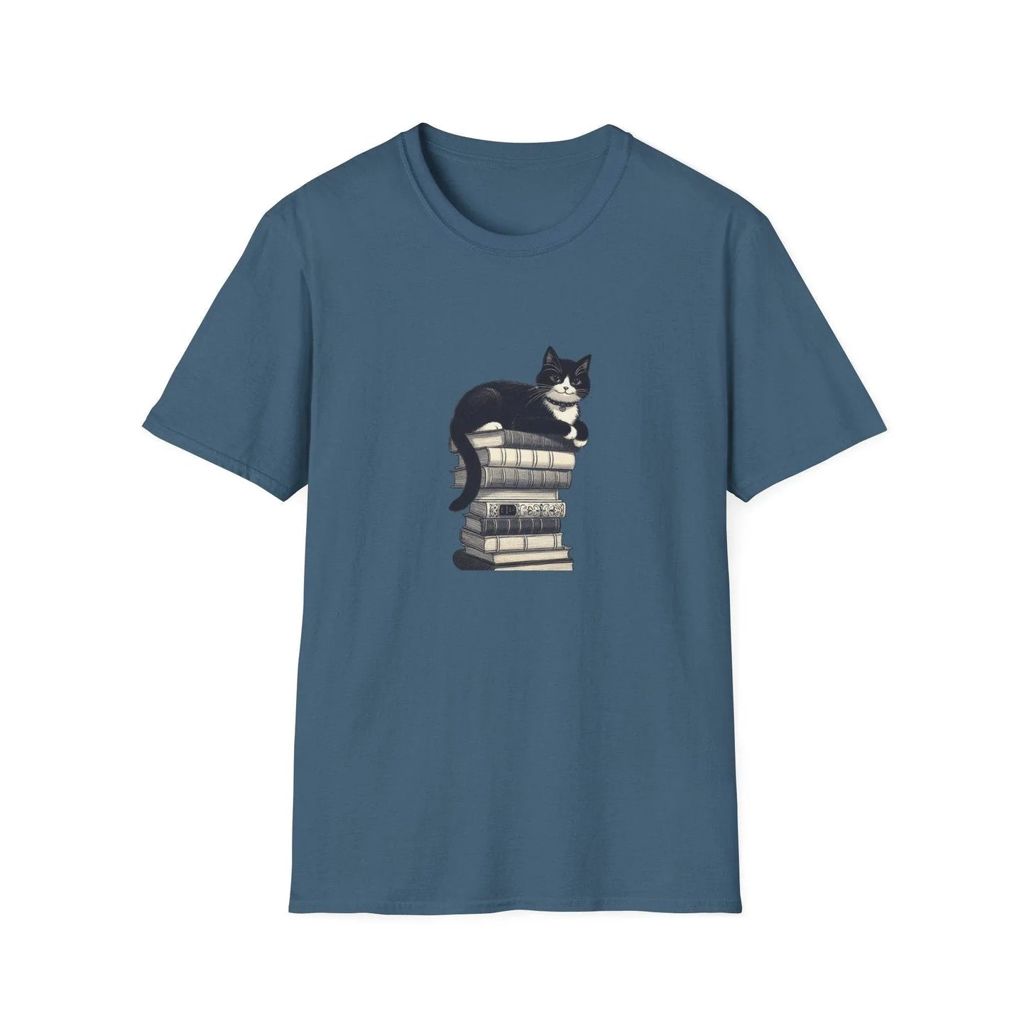 Unisex Softstyle T-Shirt - Vintage Cat Book Stack Booklover - The Dreamer's Bookshop.