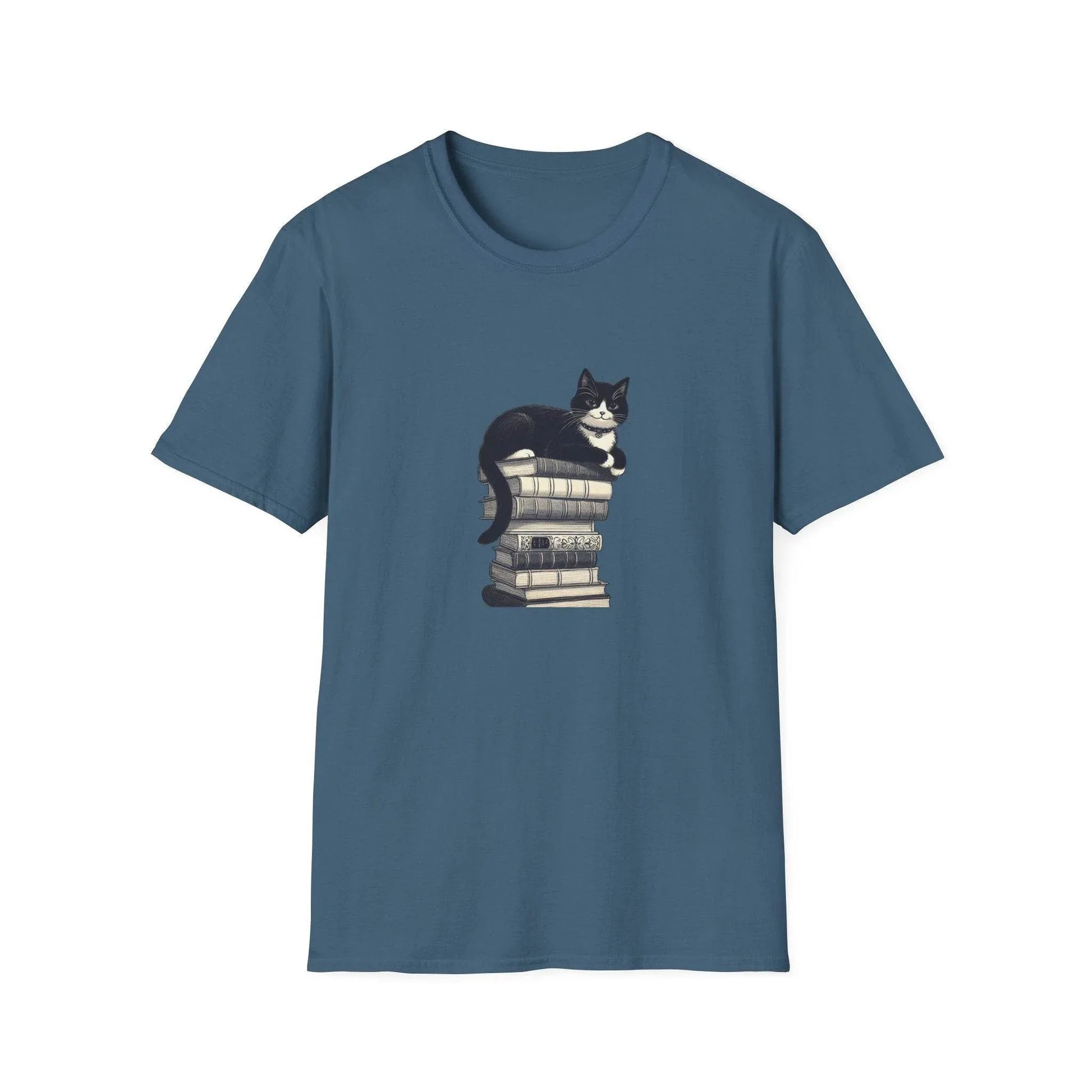 Unisex Softstyle T-Shirt - Vintage Cat Book Stack Booklover - The Dreamer's Bookshop.