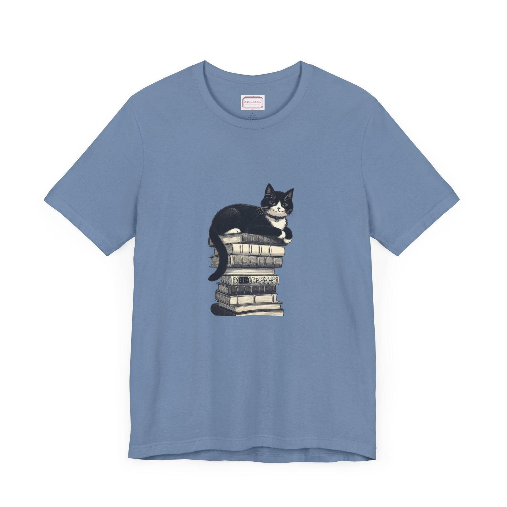 Unisex T-shirt - Vintage Cat Book Stack Booknerds - The Dreamer's Bookshop.
