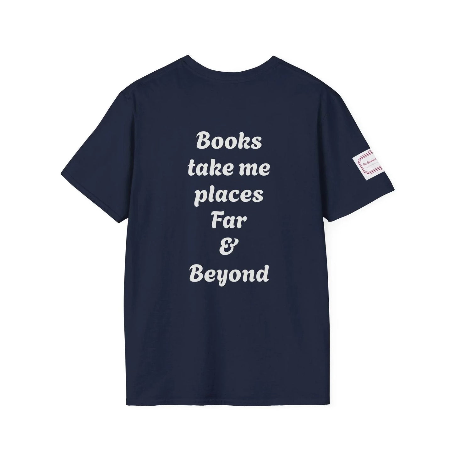 Unisex Softstyle T-Shirt - Traveller of Worlds Design for Book Lovers - The Dreamer's Bookshop.