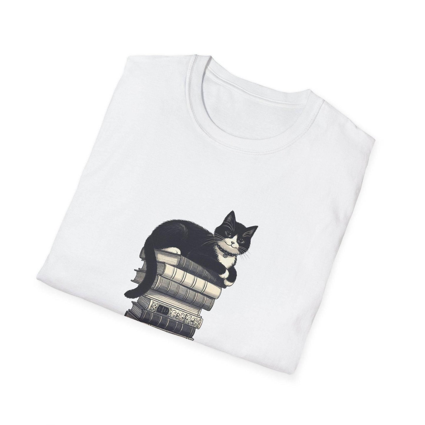 Unisex Softstyle T-Shirt - Vintage Cat Book Stack Bookworm - The Dreamer's Bookshop.