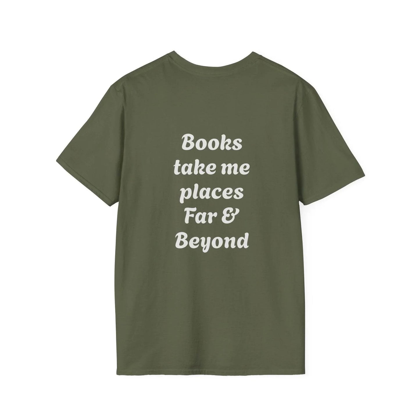 Unisex Softstyle T-Shirt - 'I'm a Traveller of Worlds' & 'Books Take Me Places Far & Beyond' - The Dreamer's Bookshop.