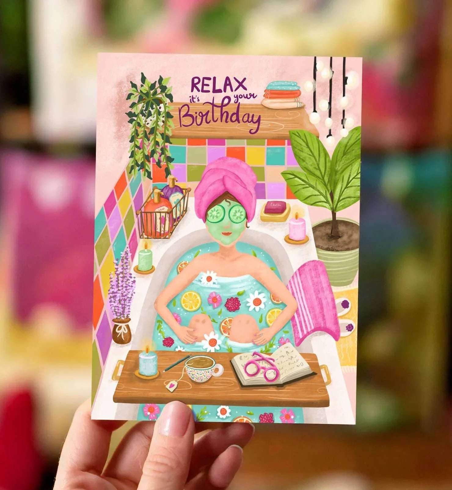 Aniet Illustration - Kaart verjaardag vrouw in bad relax it's your birthday - The Dreamer's Bookshop.