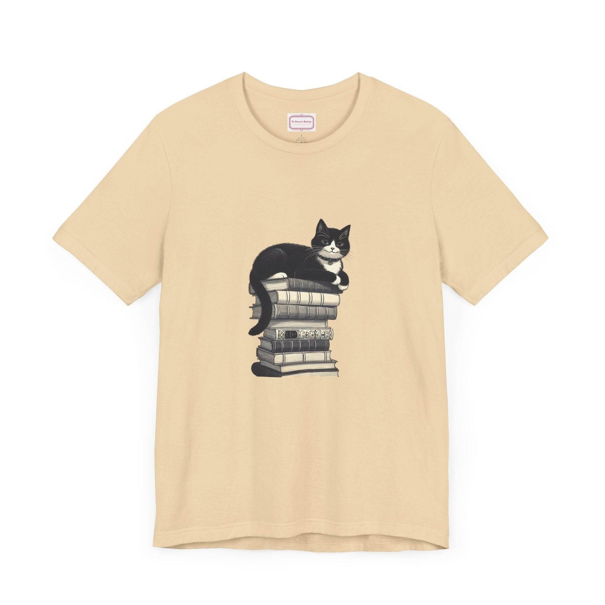 Unisex T-shirt - Vintage Cat Book Stack Booknerds - The Dreamer's Bookshop.