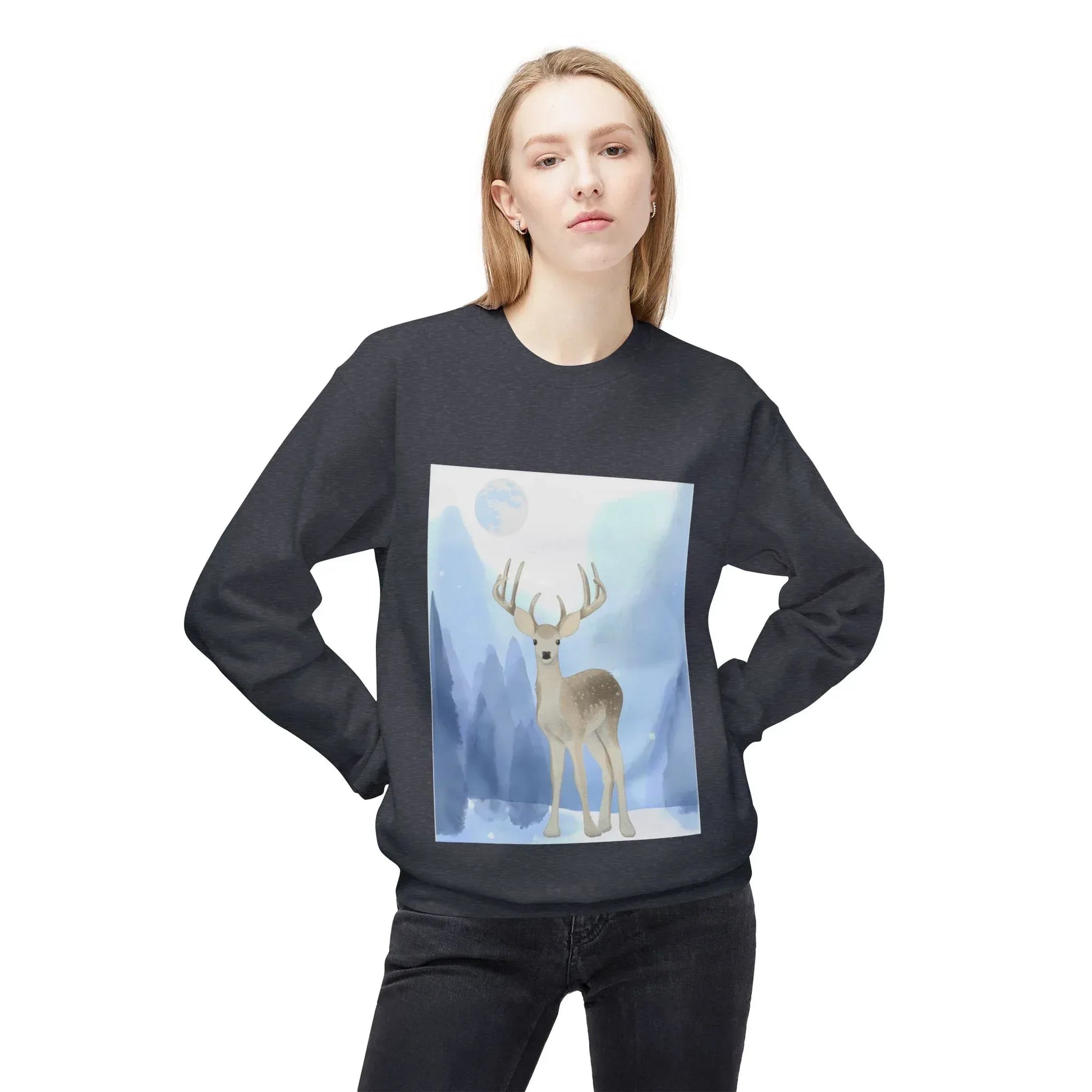 Winter Deer - Unisex Fleece Crewneck Sweatshirt - The Dreamer's Bookshop.