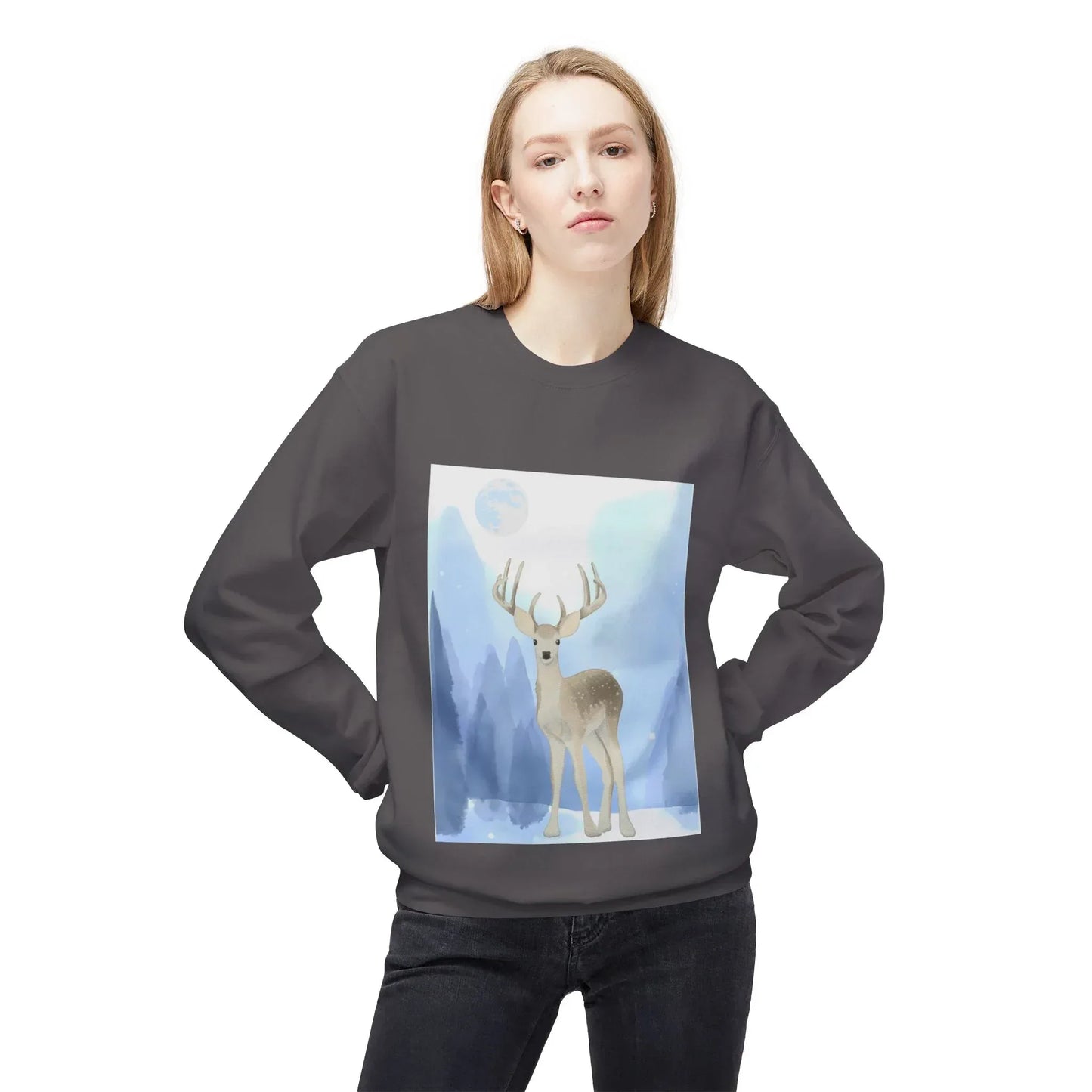 Winter Deer - Unisex Fleece Crewneck Sweatshirt - The Dreamer's Bookshop.