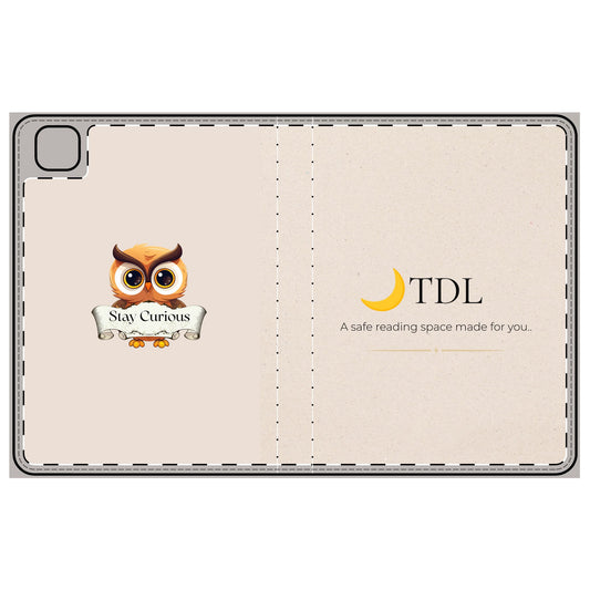 iPad Folio Case — 'Stay Curious' Owl Reading Cover (TDL Branded)