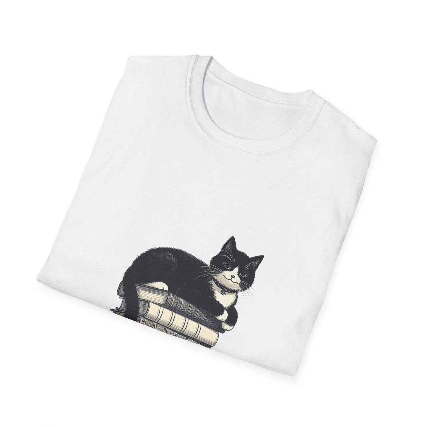 Unisex T-Shirt - Vintage Cat Book Stack for Book Lovers - The Dreamer's Bookshop.