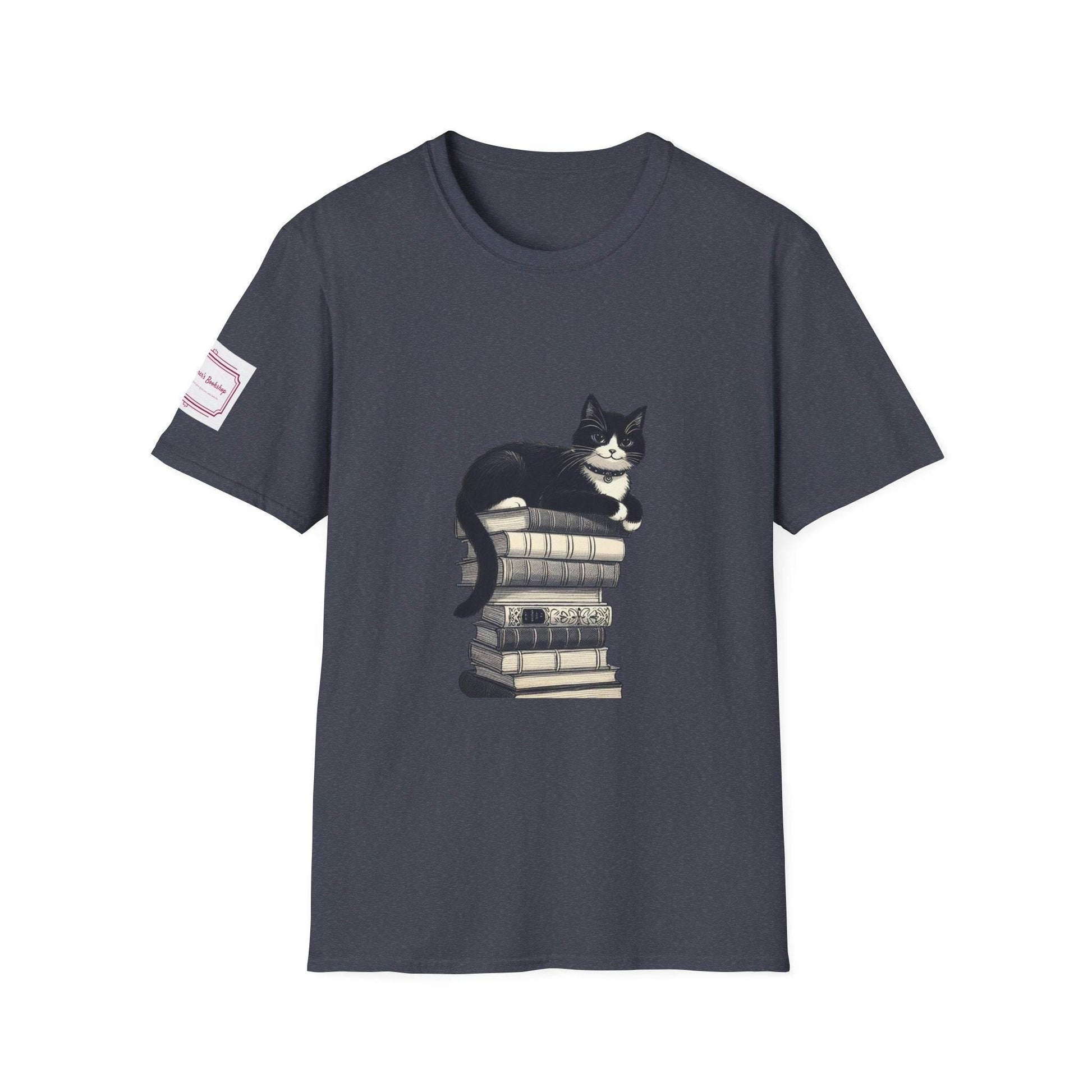 Unisex T-Shirt - Vintage Cat Book Stack for Book Lovers - The Dreamer's Bookshop.