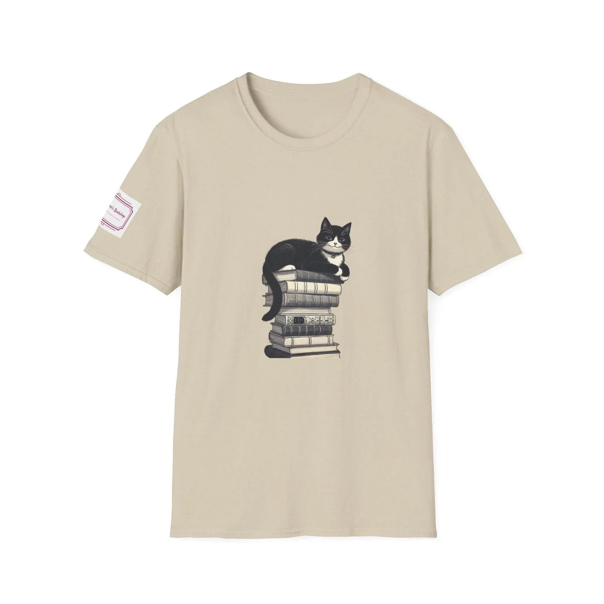 Unisex Softstyle T-Shirt - Vintage Cat Book Stack Bookaddict - The Dreamer's Bookshop.