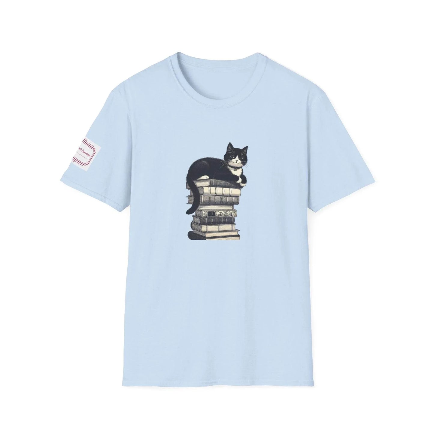 Unisex Softstyle T-Shirt - Vintage Cat Book Stack Bookworm - The Dreamer's Bookshop.