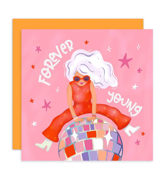 Aniet Illustration - Kaart verjaardag felicitatie vrouw disco forever young roze - The Dreamer's Bookshop.