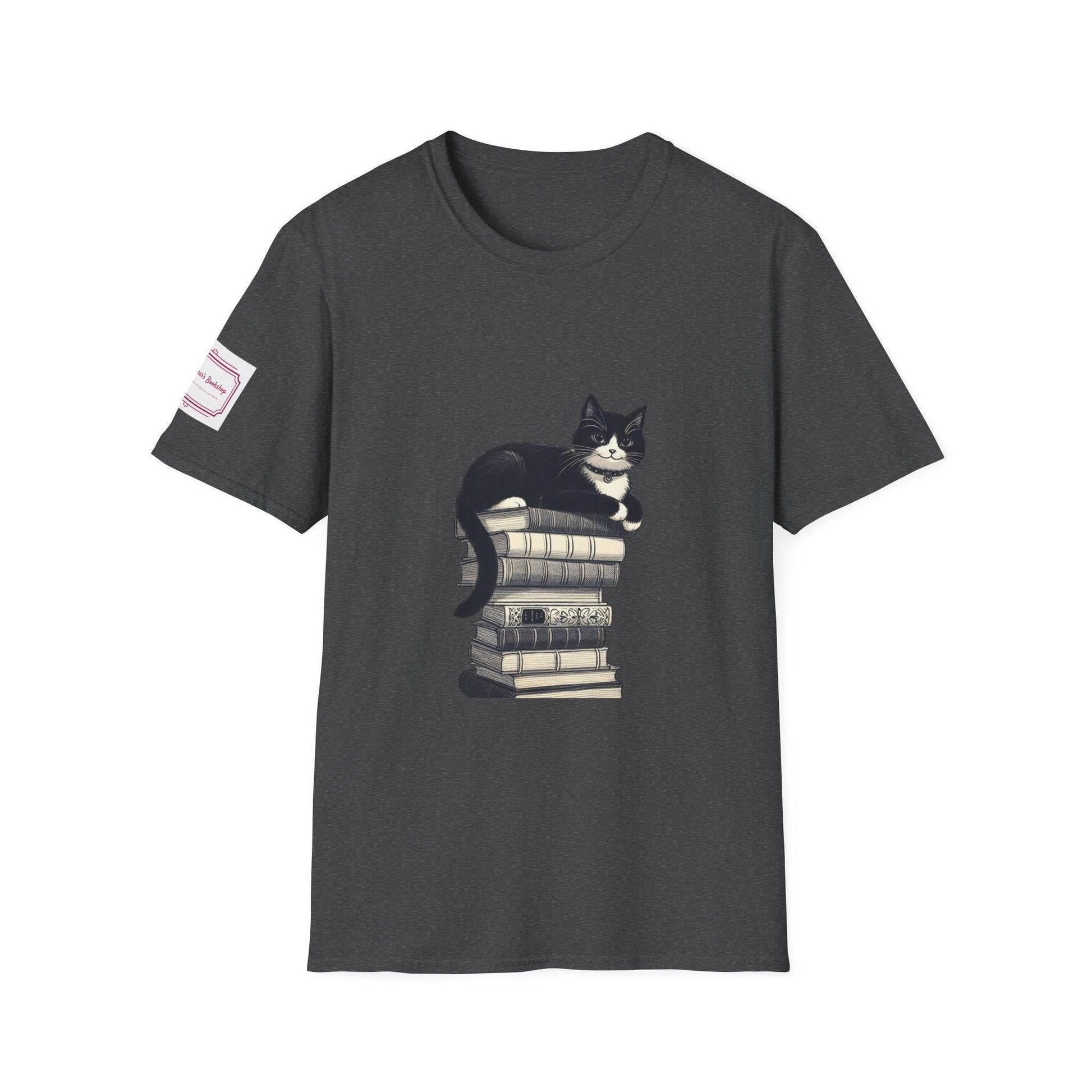 Unisex T-Shirt - Vintage Cat Book Stack for Book Lovers - The Dreamer's Bookshop.