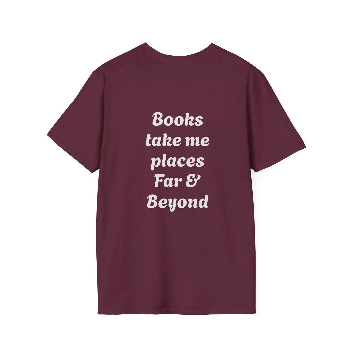Unisex Softstyle T-Shirt - 'I'm a Traveller of Worlds' & 'Books Take Me Places Far & Beyond' - The Dreamer's Bookshop.