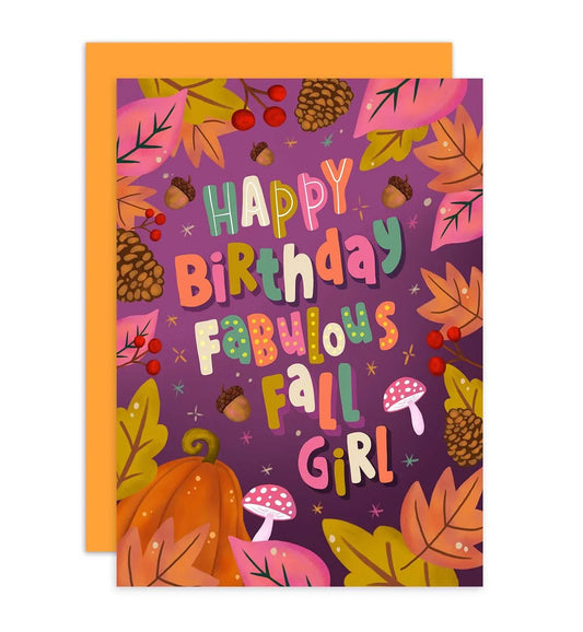 Aniet Illustration - Kaart verjaardag felicitatie herfst blaadjes fall girl - The Dreamer's Bookshop.