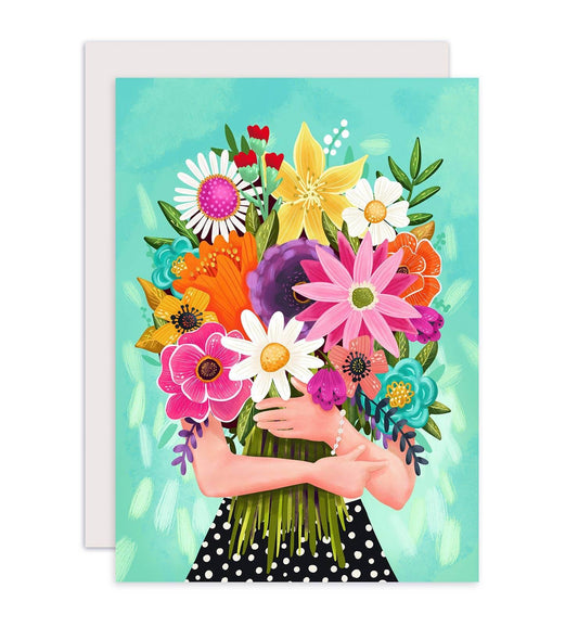 Aniet Illustration - Kaart verjaardag vrouw met een boeket kleurrijke bloemen - The Dreamer's Bookshop.