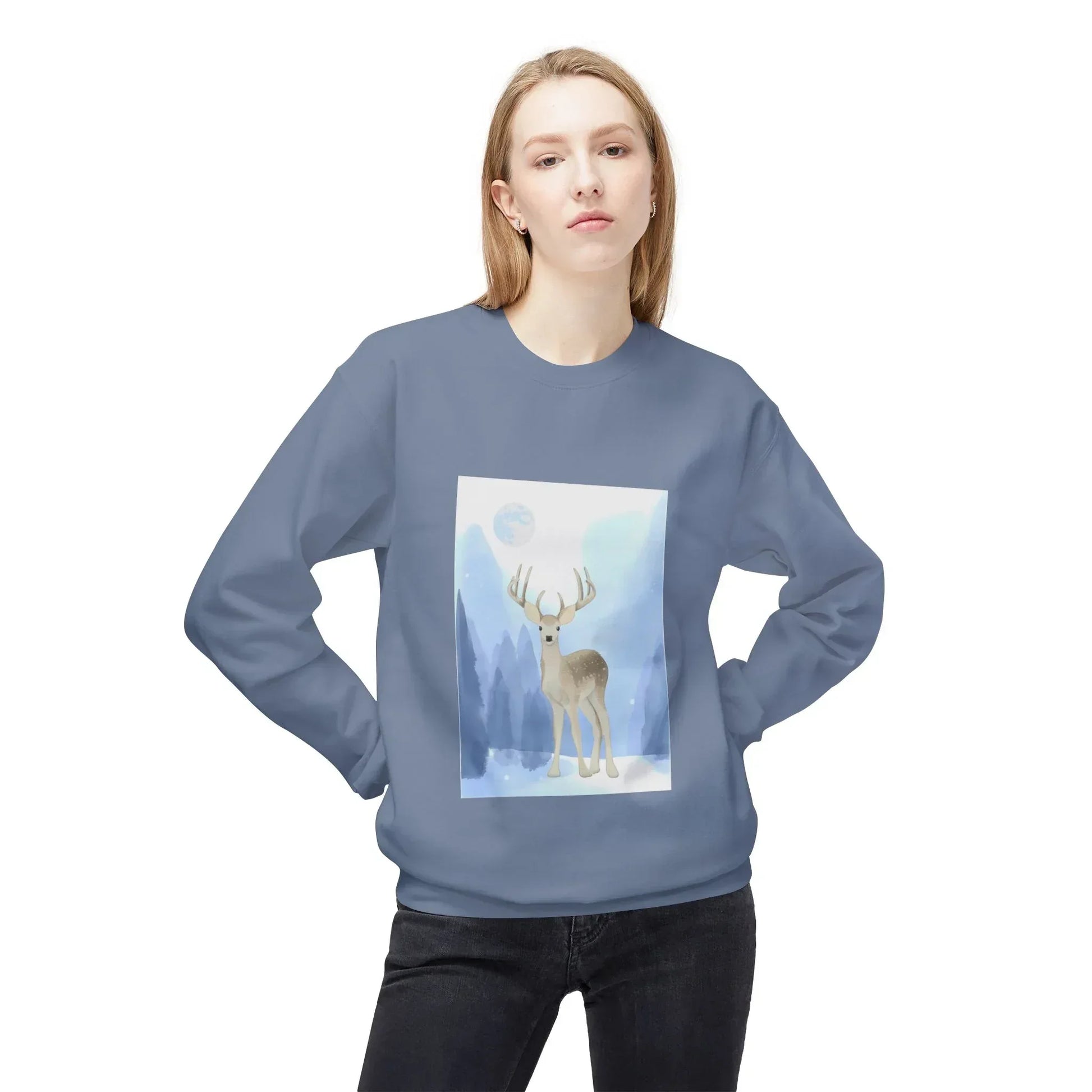 Winter Deer Fleece Crewneck Sweatshirt - Unisex Midweight - The Dreamer's Bookshop.