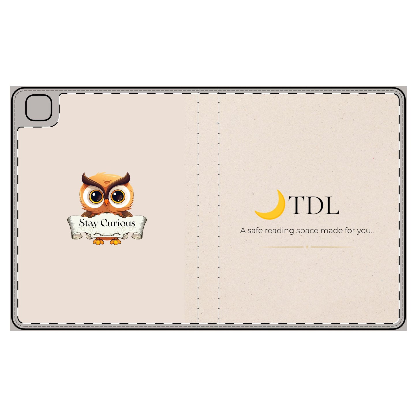 iPad Folio Case — 'Stay Curious' Owl Reading Cover (TDL Branded)