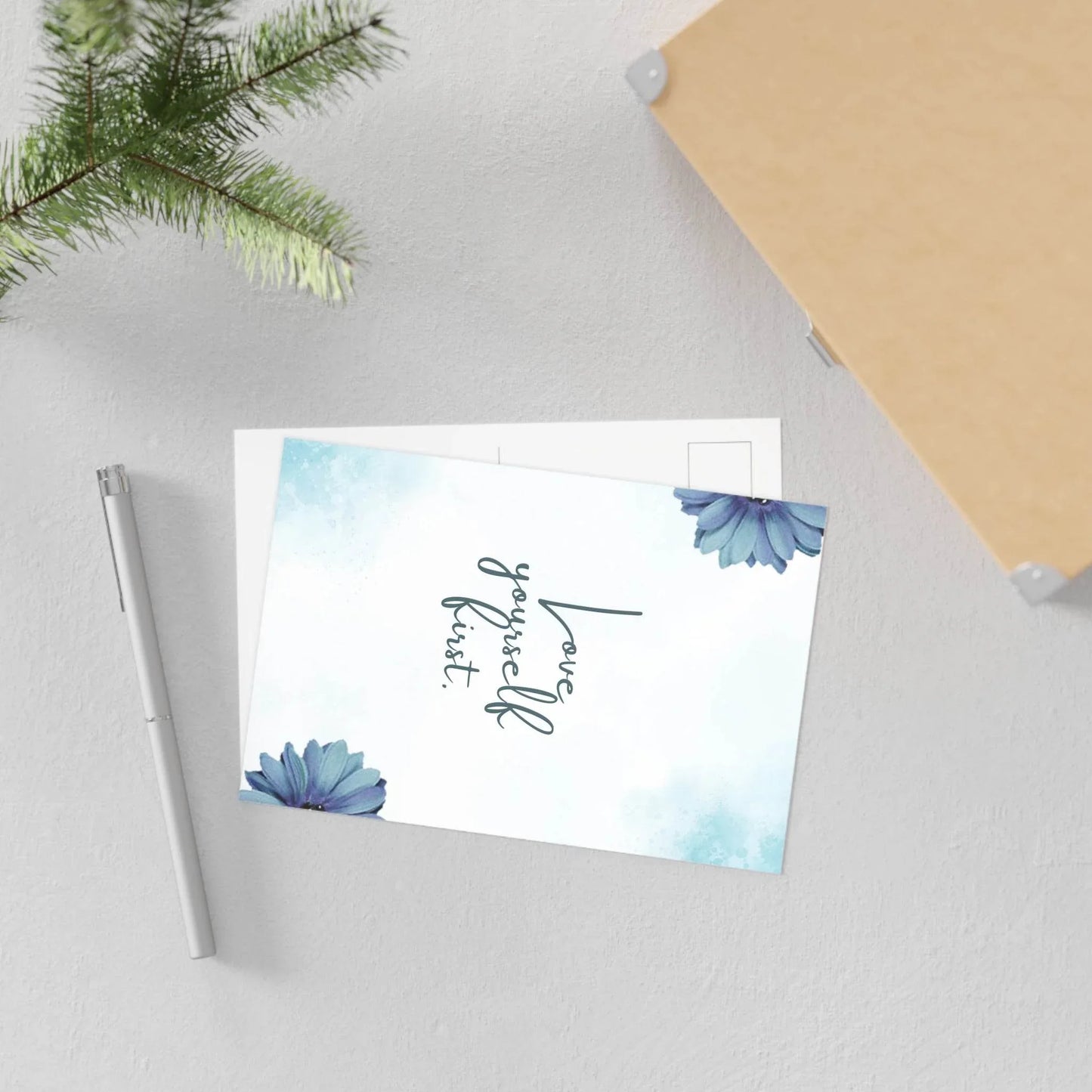 The Dreamer's Bookshop Blue Flower "Love Yourself" Art Print Card - The Dreamer's Bookshop.