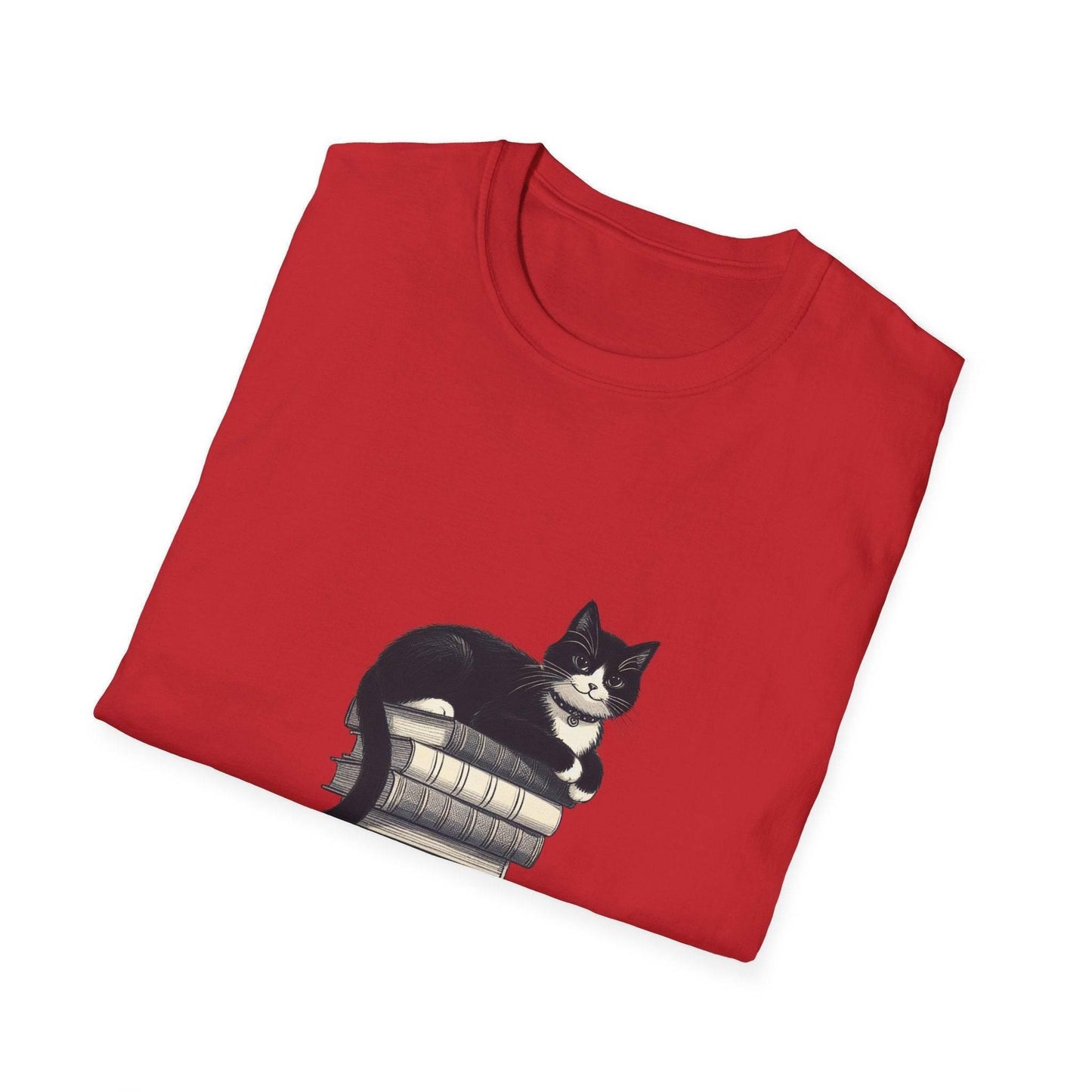 Unisex Softstyle T-Shirt - Vintage Cat Book Stack Bookaddict - The Dreamer's Bookshop.