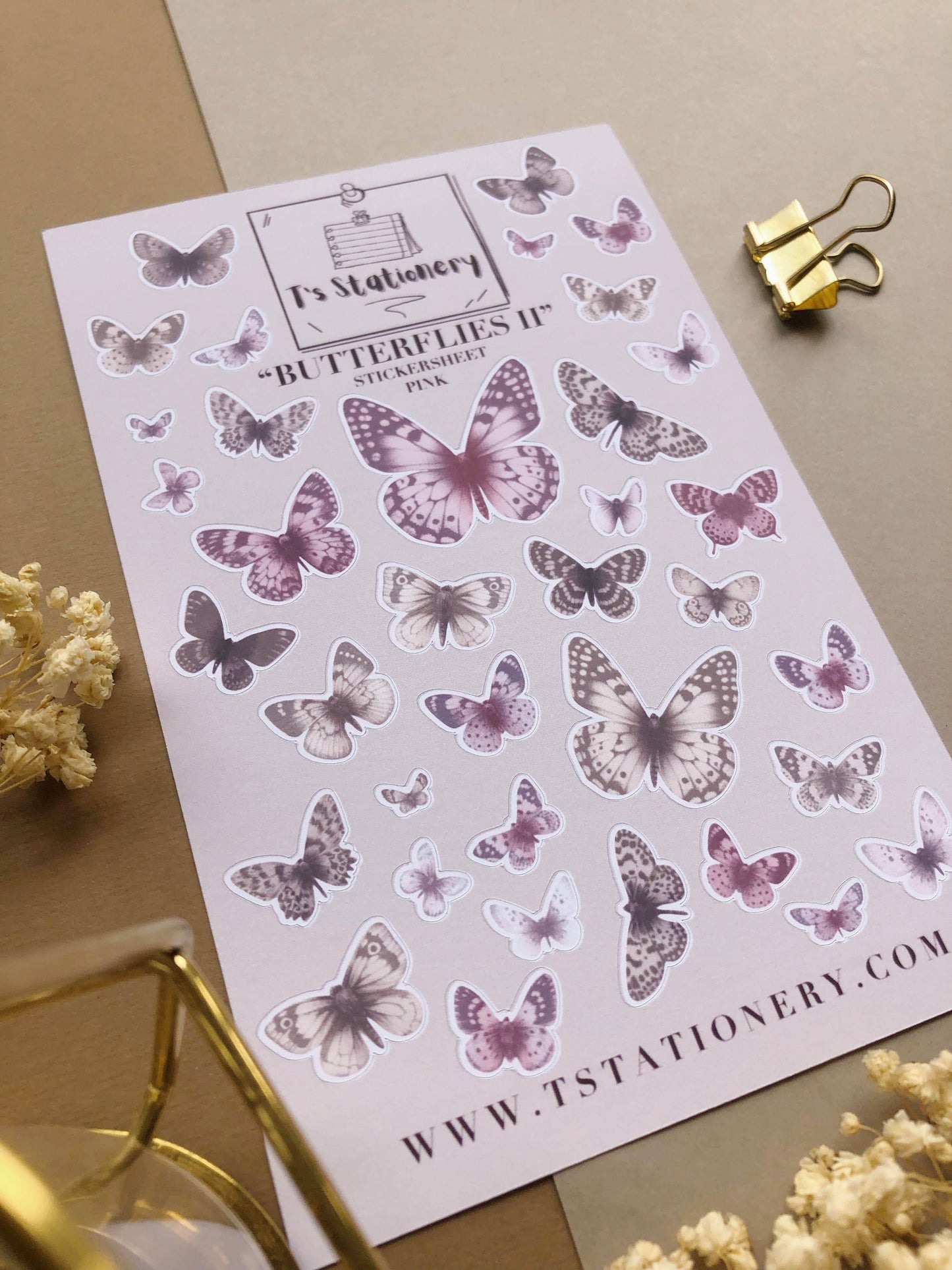 T's Stationery - Stickervel „Butterflies II (roze)” - The Dreamer's Bookshop.