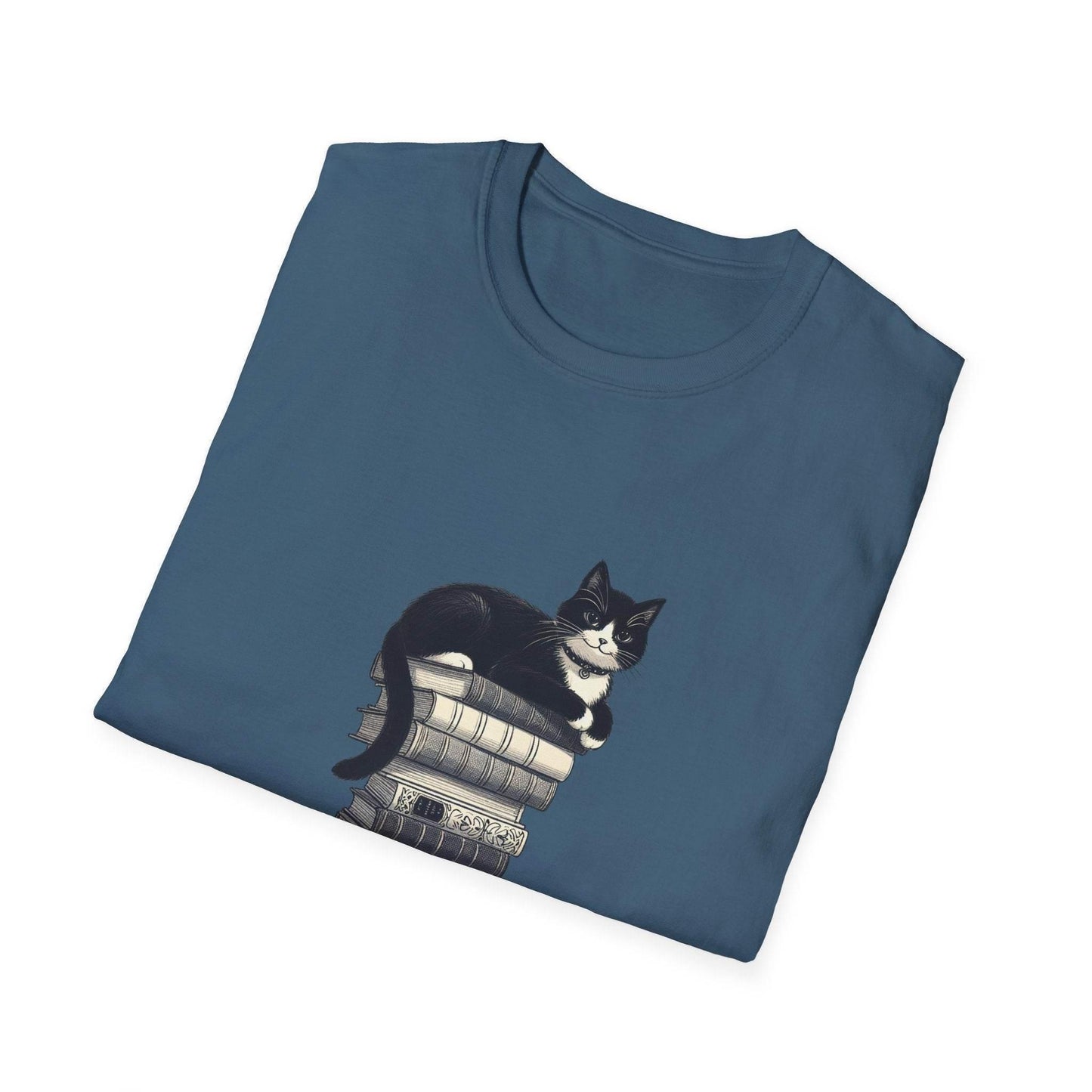 Unisex Softstyle T-Shirt - Vintage Cat Book Stack Booklover - The Dreamer's Bookshop.