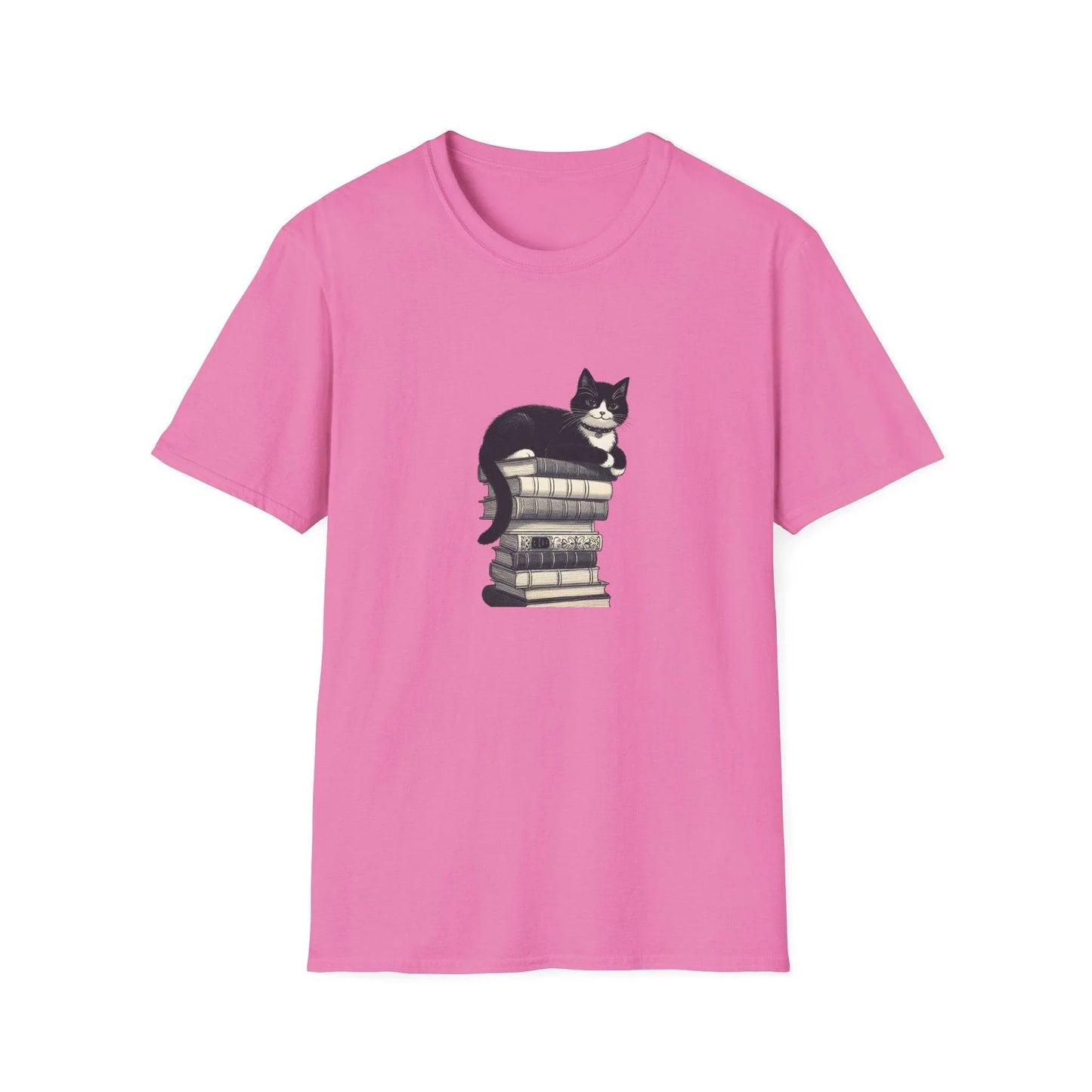 Unisex Softstyle T-Shirt - Vintage Cat Book Stack Booklover - The Dreamer's Bookshop.