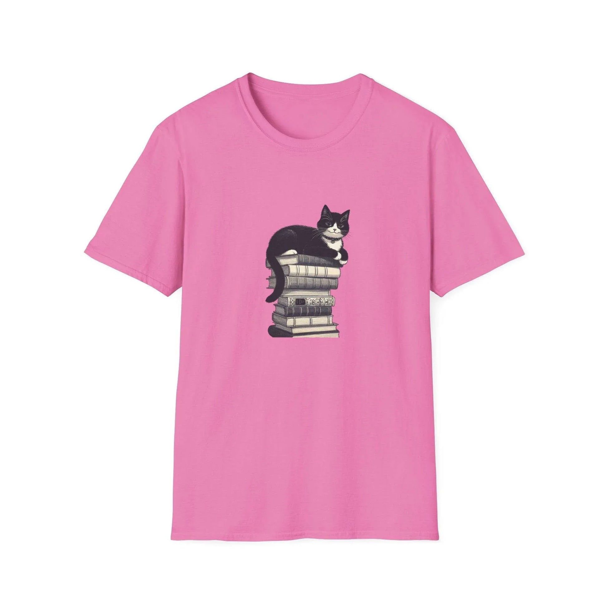 Unisex Softstyle T-Shirt - Vintage Cat Book Stack Booklover - The Dreamer's Bookshop.