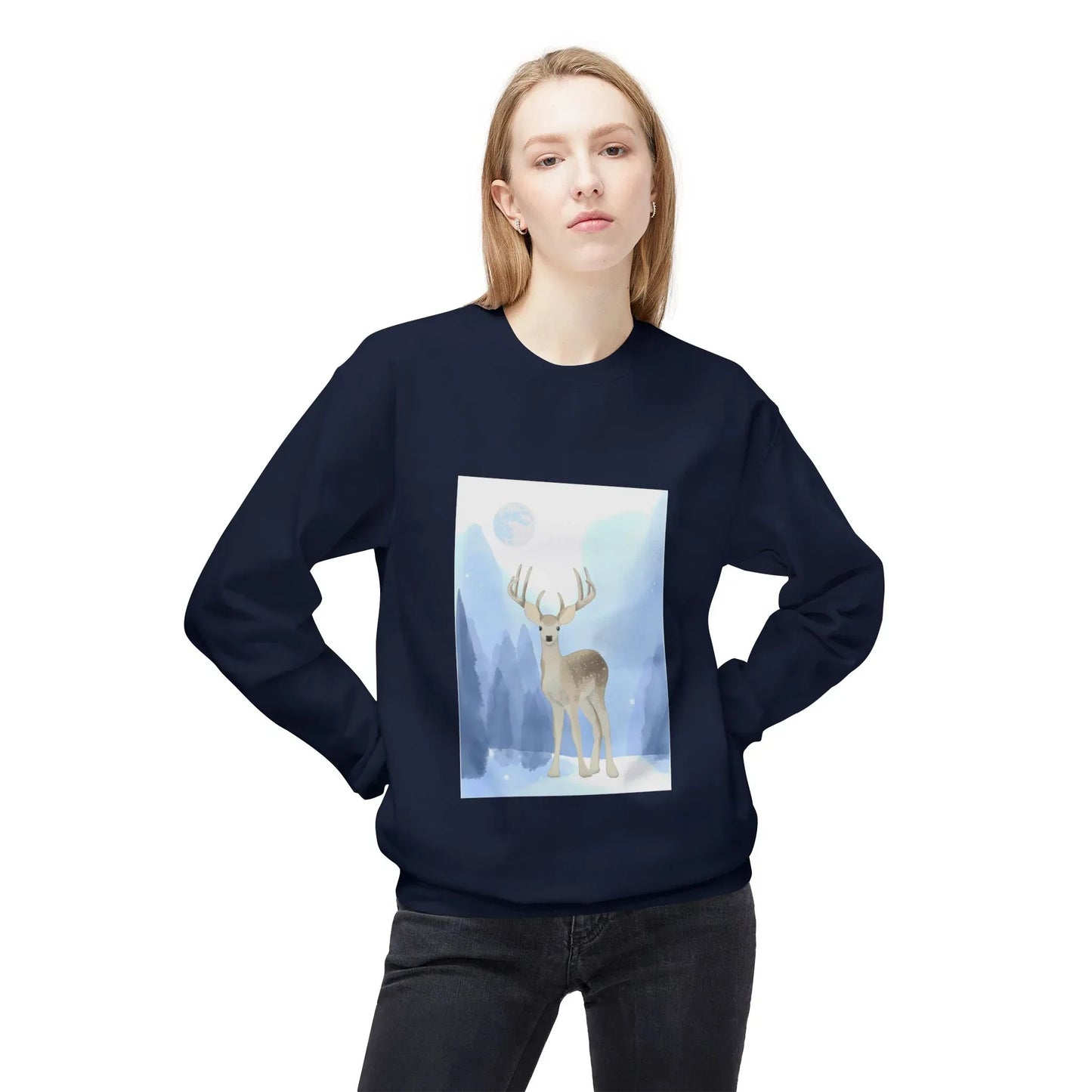 Winter Deer Fleece Crewneck Sweatshirt - Unisex Midweight - The Dreamer's Bookshop.