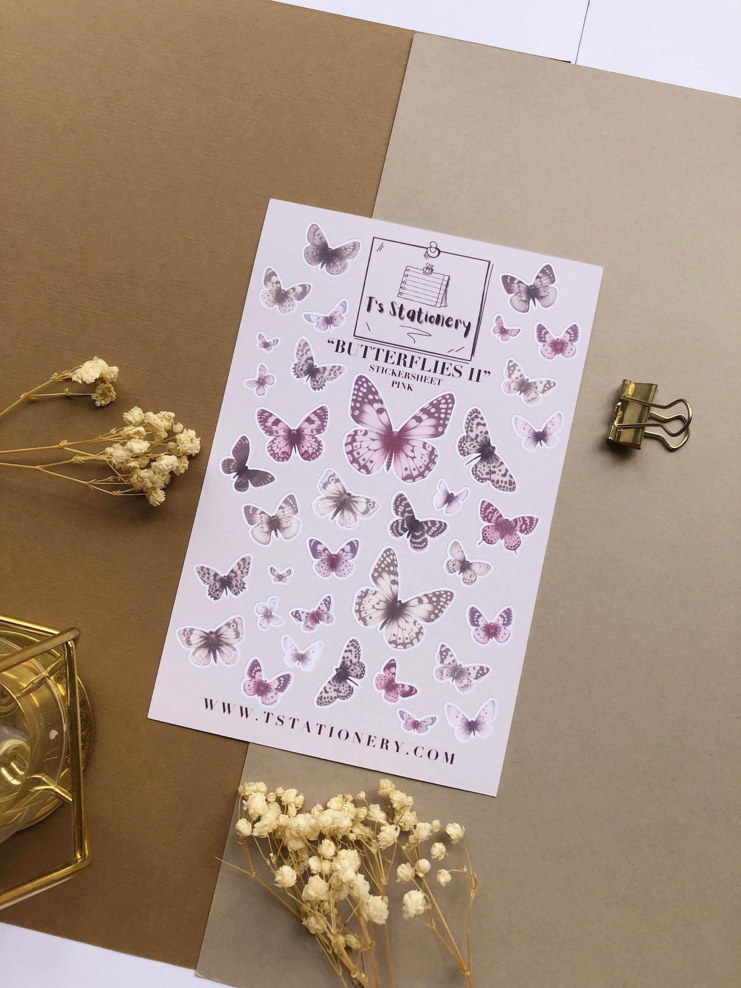 T's Stationery - Stickervel „Butterflies II (roze)” - The Dreamer's Bookshop.