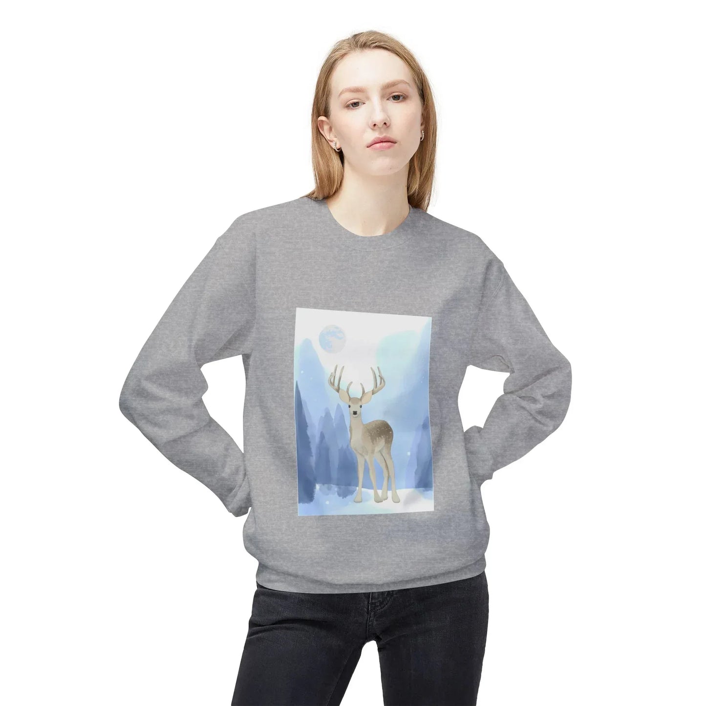 Winter Deer Fleece Crewneck Sweatshirt - Unisex Midweight - The Dreamer's Bookshop.