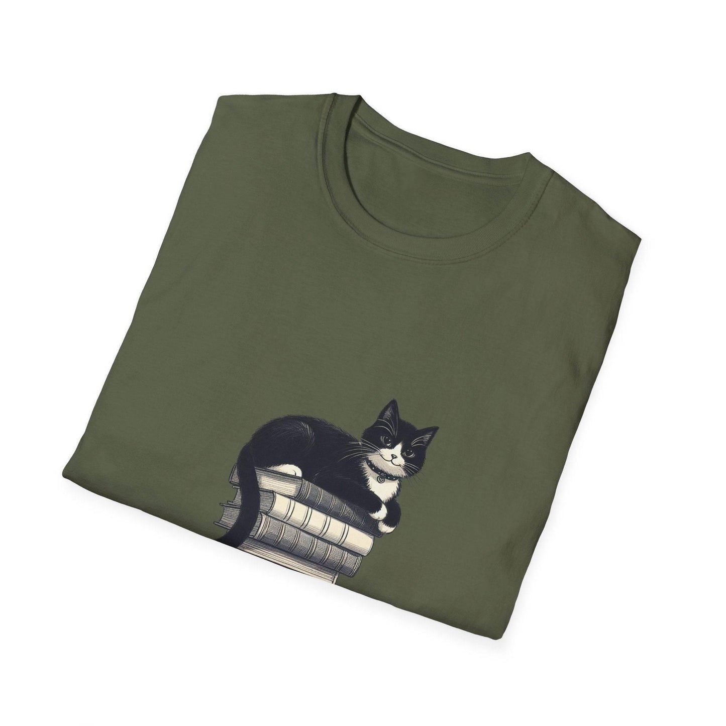 Unisex Softstyle T-Shirt - Vintage Cat Book Stack Bookaddict - The Dreamer's Bookshop.
