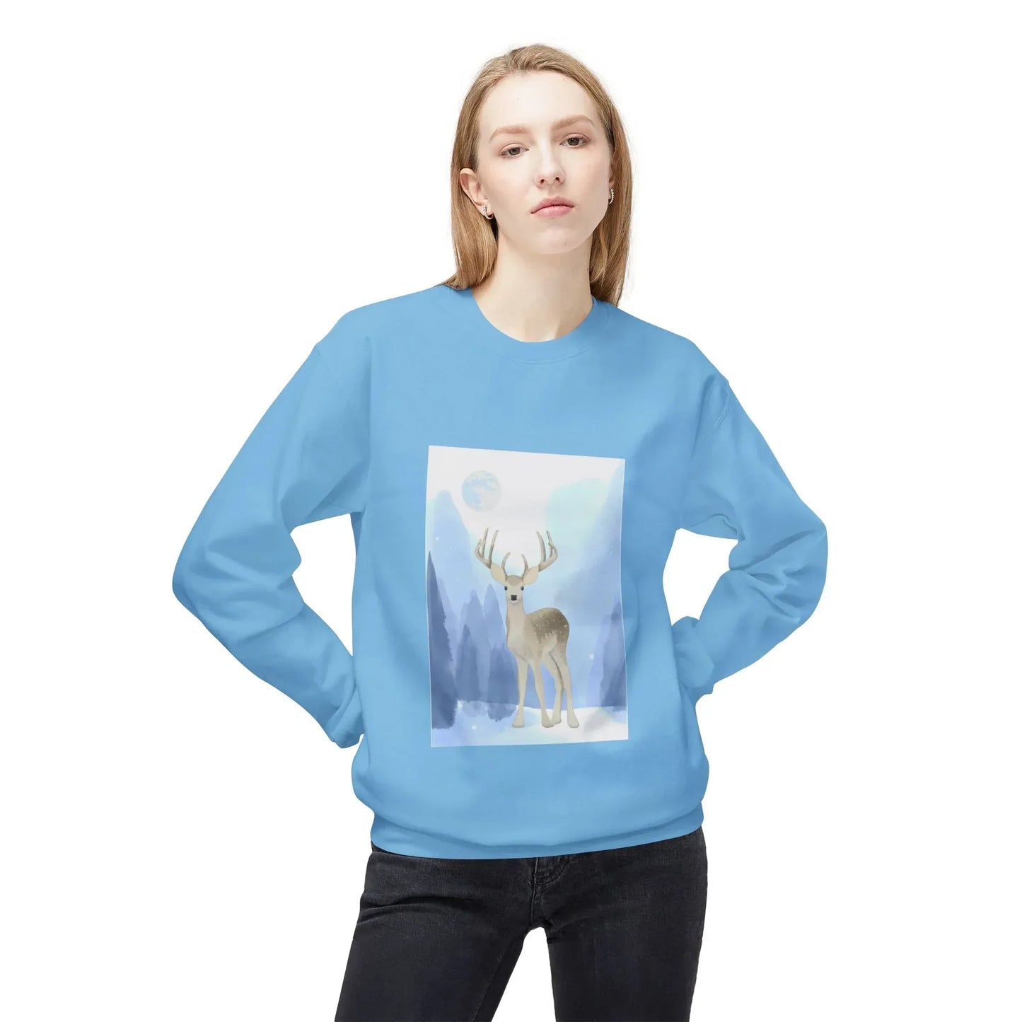 Winter Deer Fleece Crewneck Sweatshirt - Unisex Midweight - The Dreamer's Bookshop.