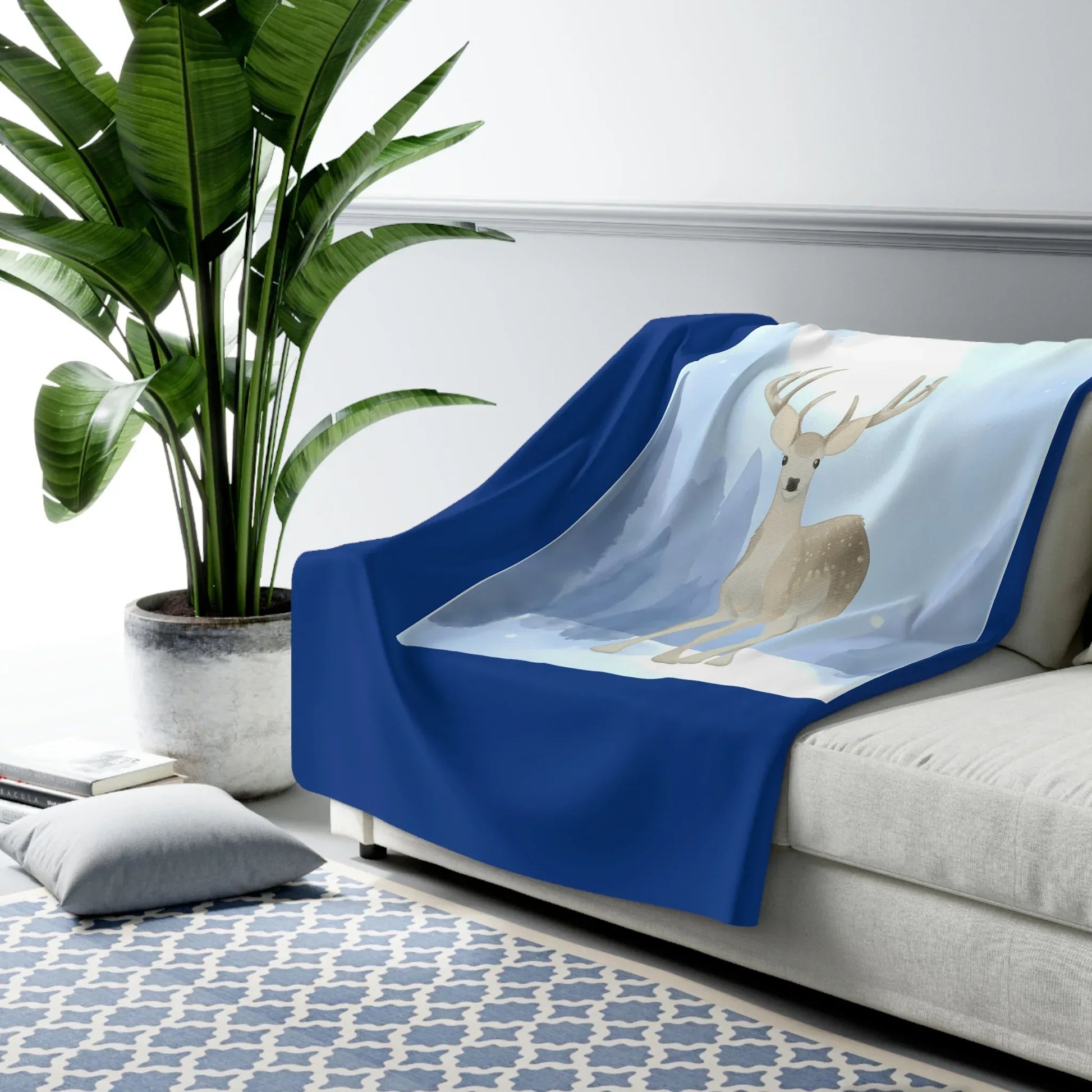 Cozy Sherpa Fleece Blanket - Blue 'Winter Deer' Design - The Dreamer's Bookshop.