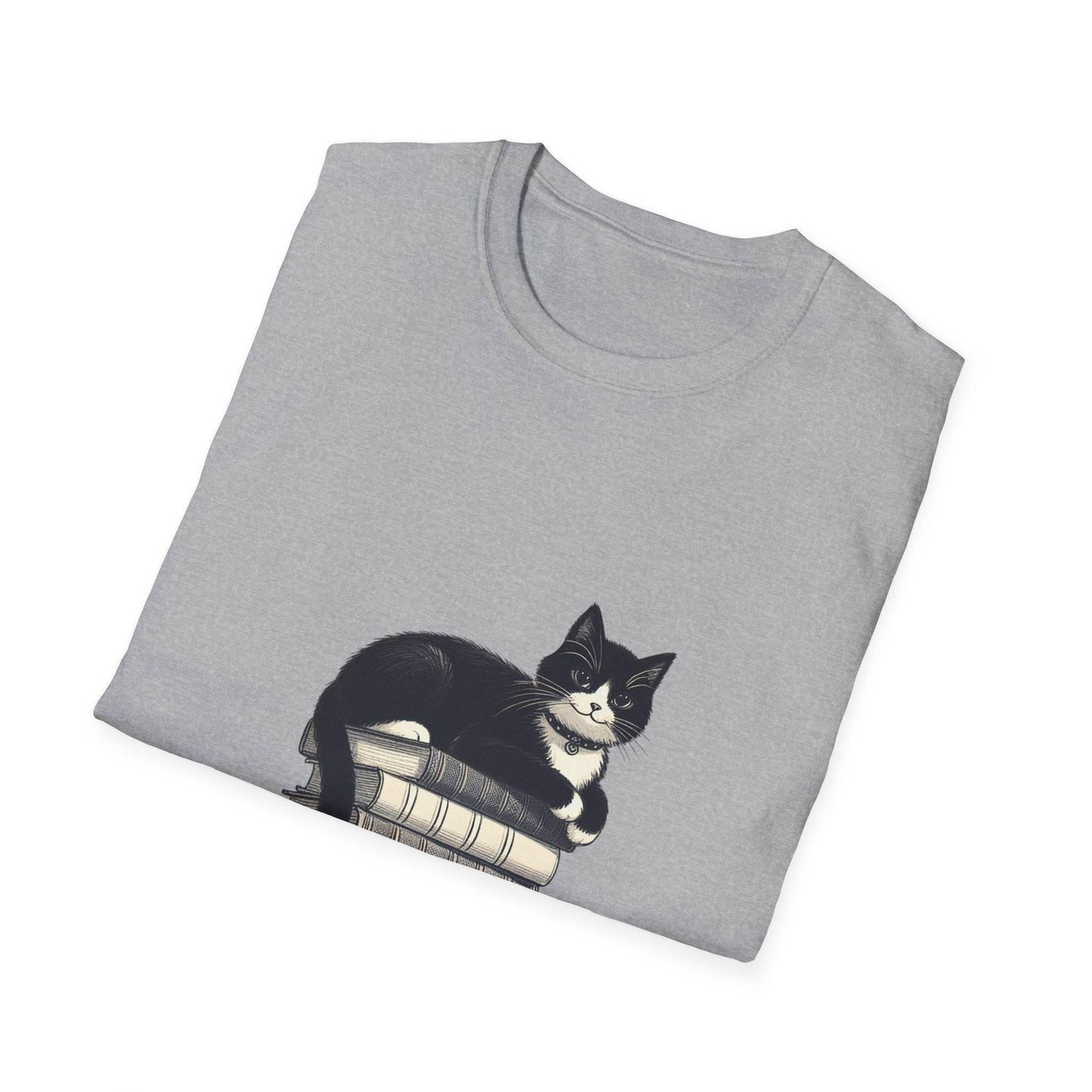 Unisex T-Shirt - Vintage Cat Book Stack for Book Lovers - The Dreamer's Bookshop.