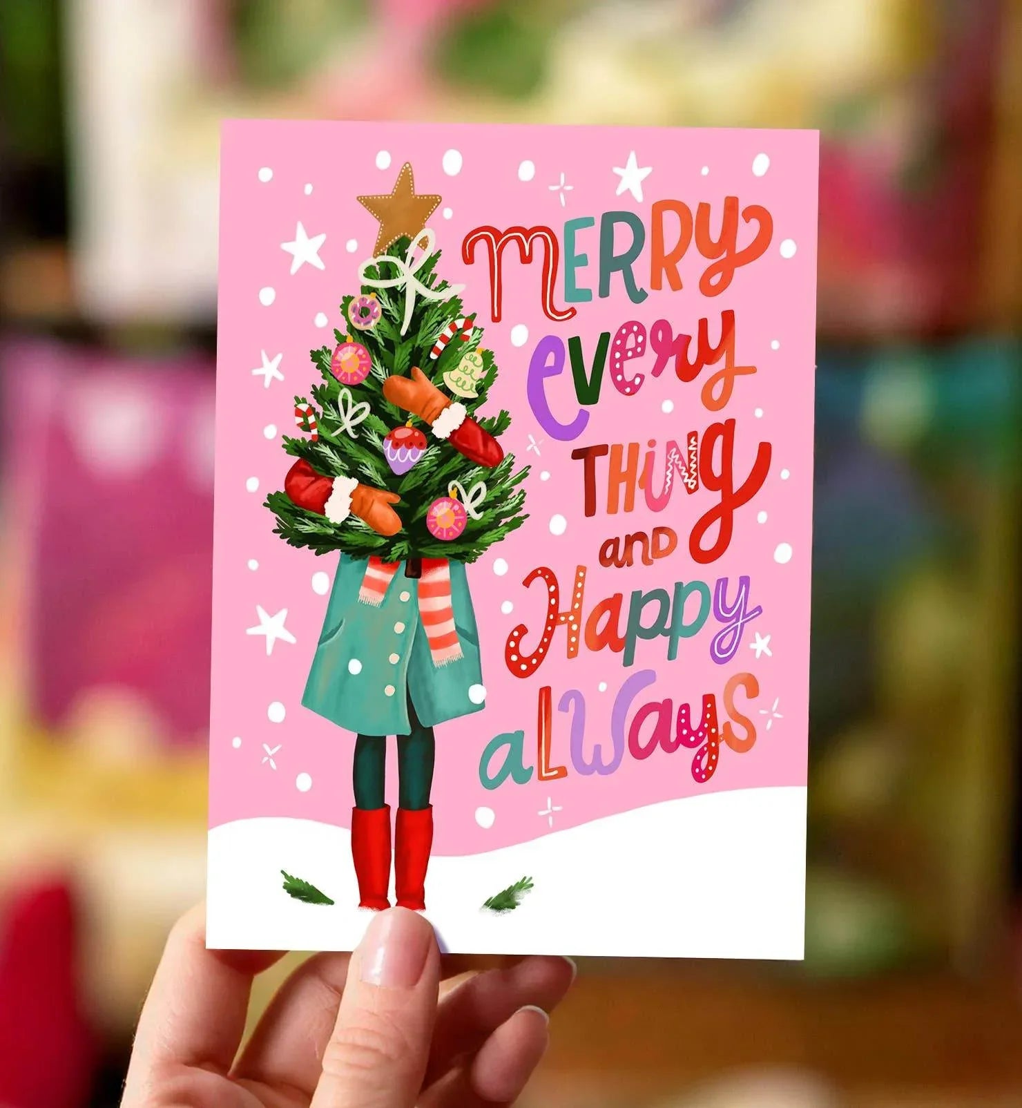 Aniet Illustration - Kerstkaart vrouw met kerstboom merry everything happy always - The Dreamer's Bookshop.