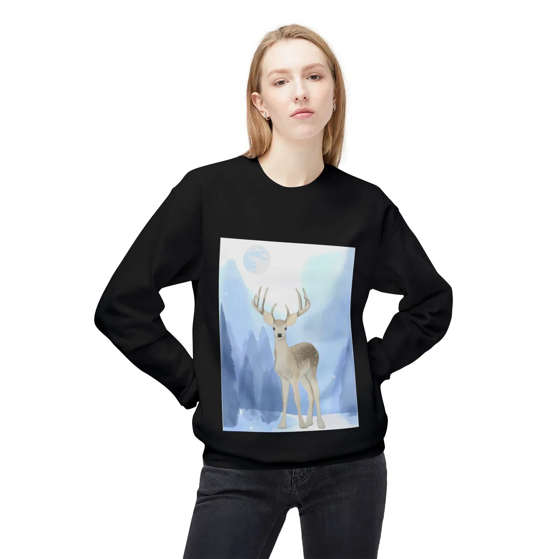 Winter Deer - Unisex Fleece Crewneck Sweatshirt - The Dreamer's Bookshop.