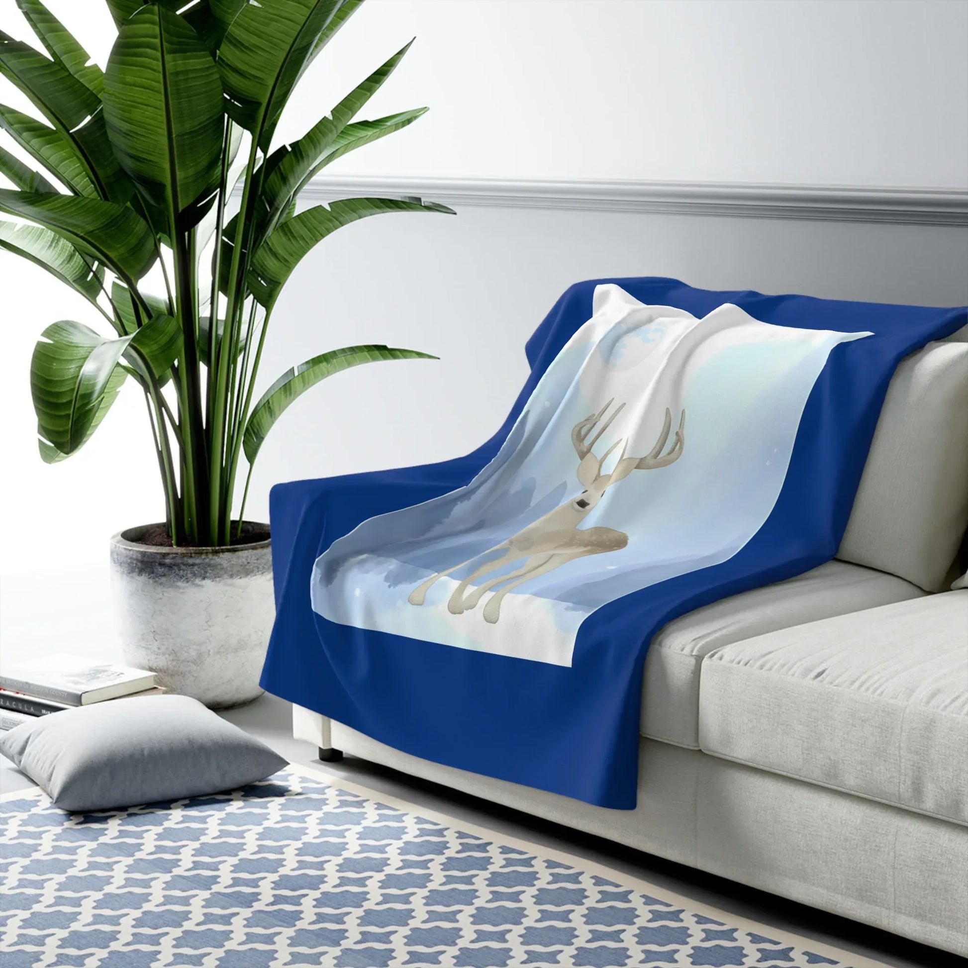 Cozy Sherpa Fleece Blanket - Blue 'Winter Deer' Design - The Dreamer's Bookshop.
