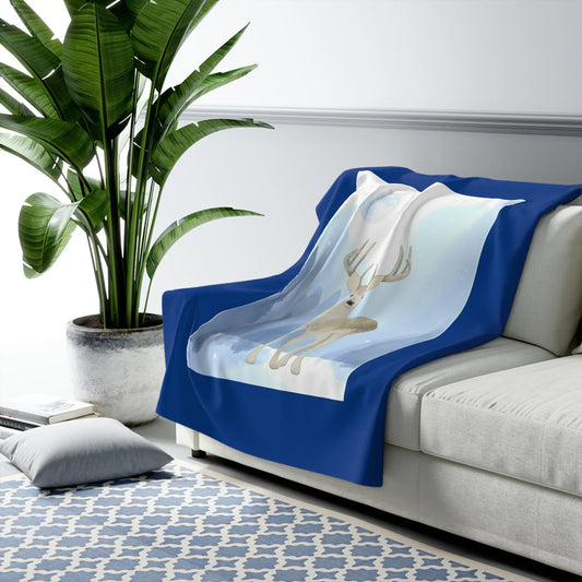 Cozy Sherpa Fleece Blanket - Blue 'Winter Deer' Design - The Dreamer's Bookshop.