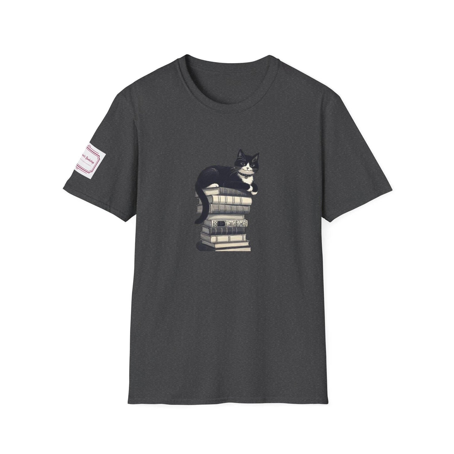 Unisex Softstyle T-Shirt - Vintage Cat Book Stack Bookworm - The Dreamer's Bookshop.