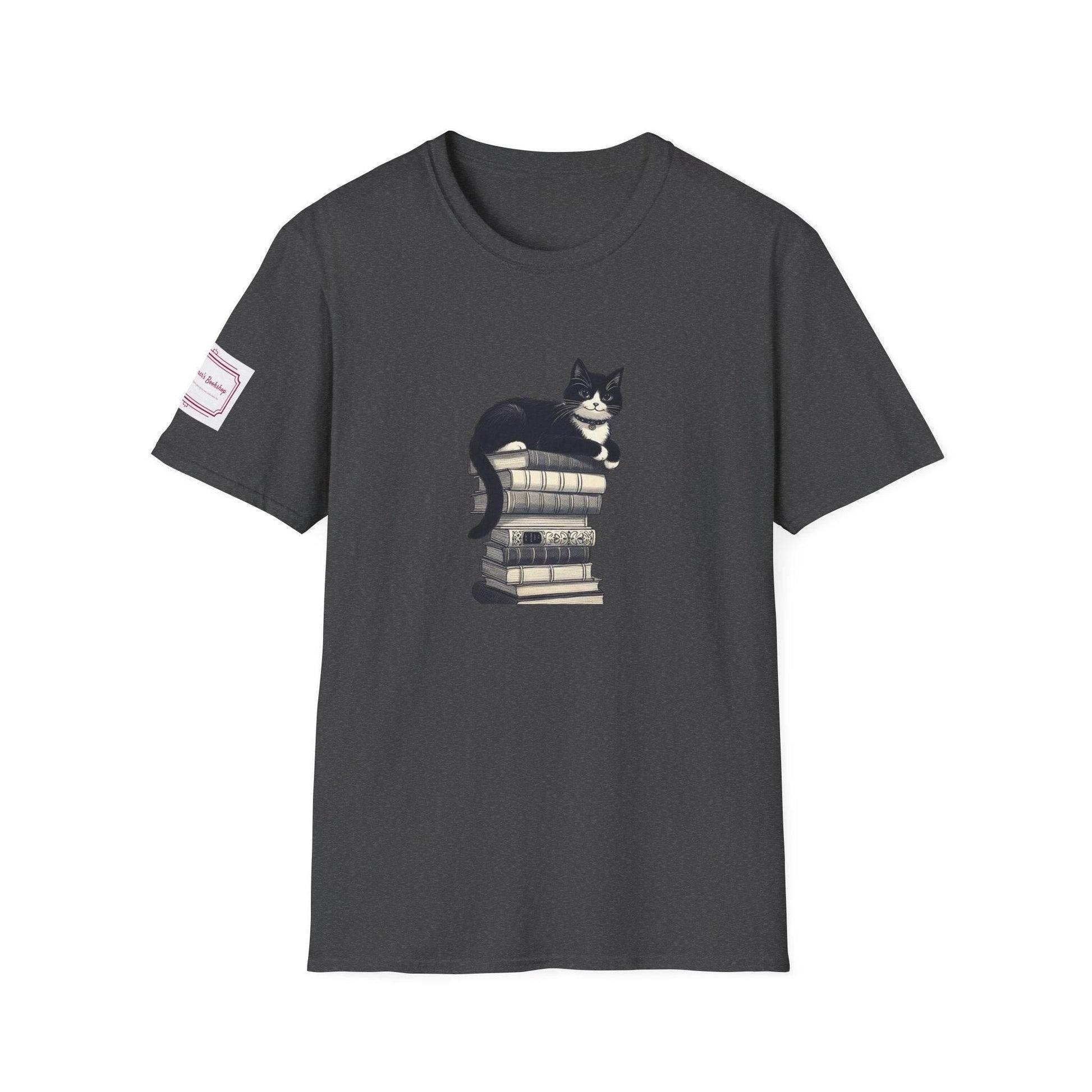 Unisex Softstyle T-Shirt - Vintage Cat Book Stack Bookworm - The Dreamer's Bookshop.