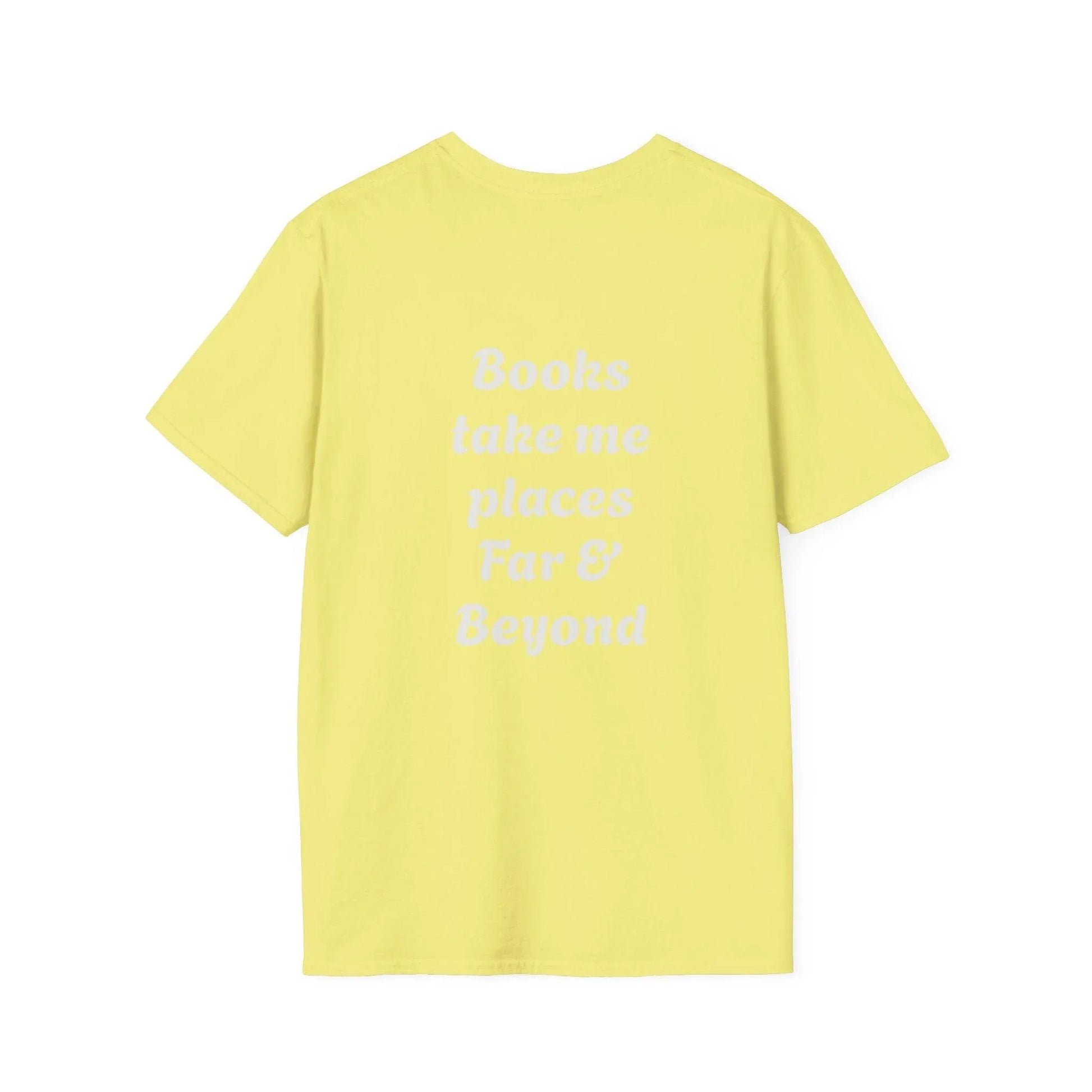 Unisex Softstyle T-Shirt - 'I'm a Traveller of Worlds' & 'Books Take Me Places Far & Beyond' - The Dreamer's Bookshop.