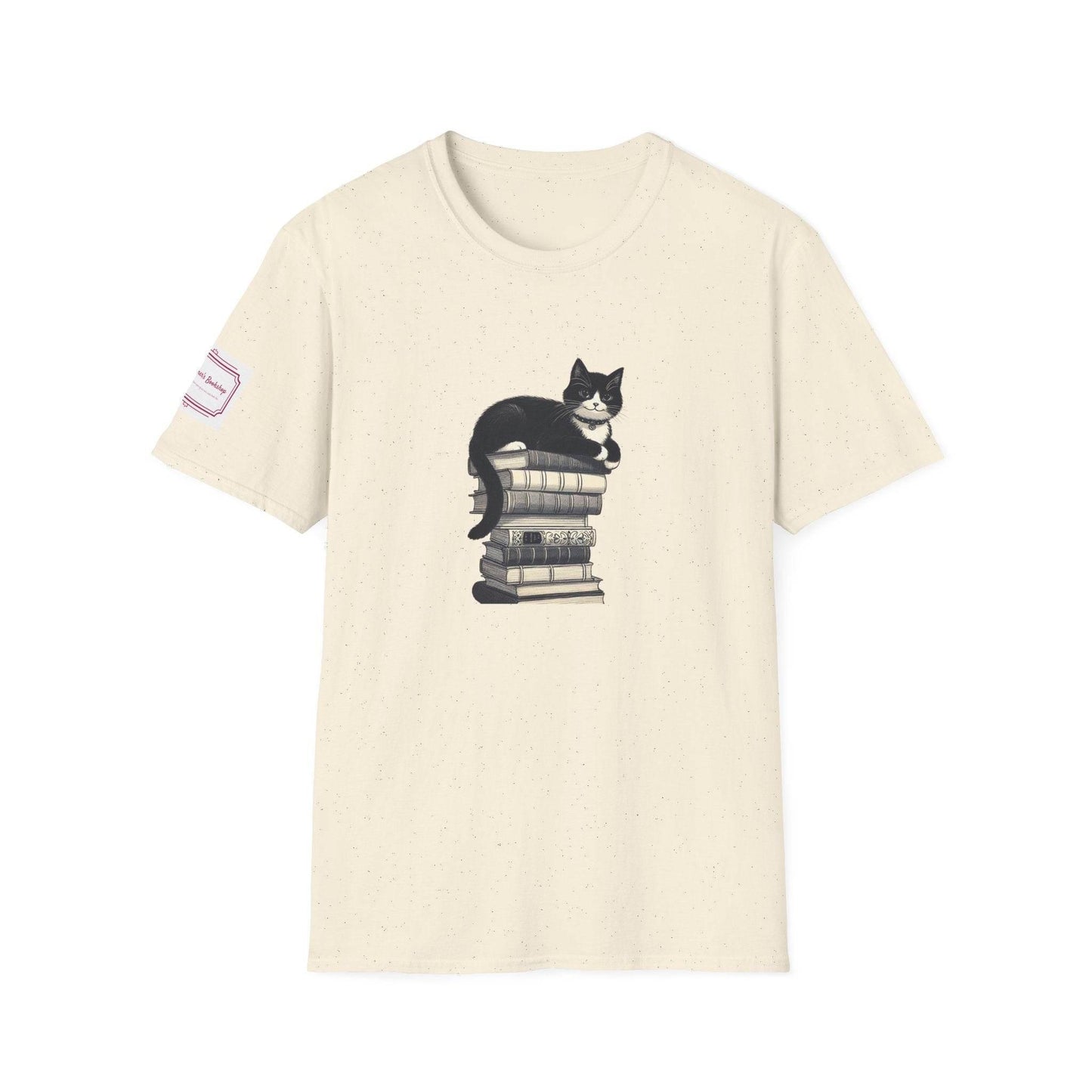 Unisex Softstyle T-Shirt - Vintage Cat Book Stack Bookworm - The Dreamer's Bookshop.