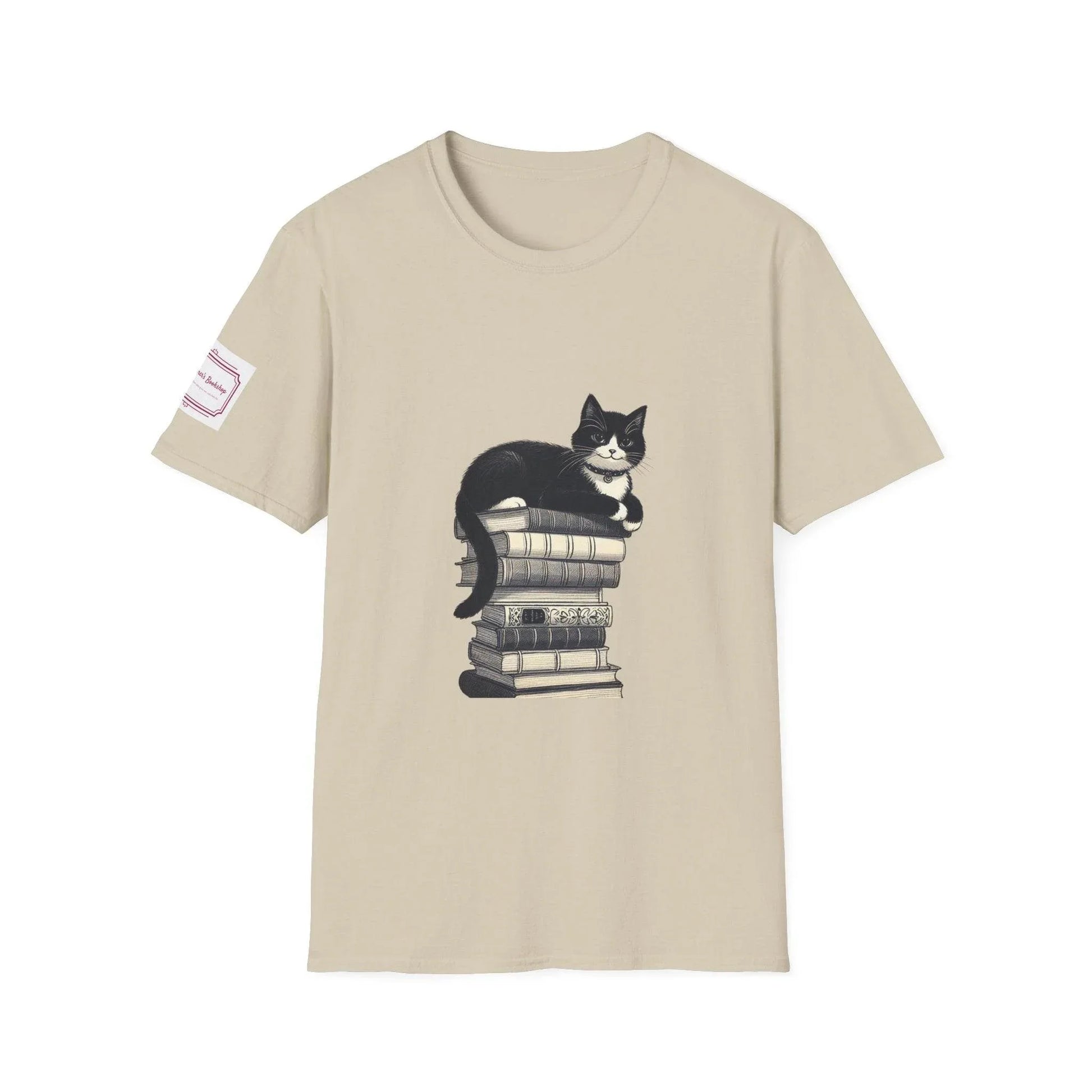 Unisex T-Shirt - Vintage Cat Book Stack for Book Lovers - The Dreamer's Bookshop.